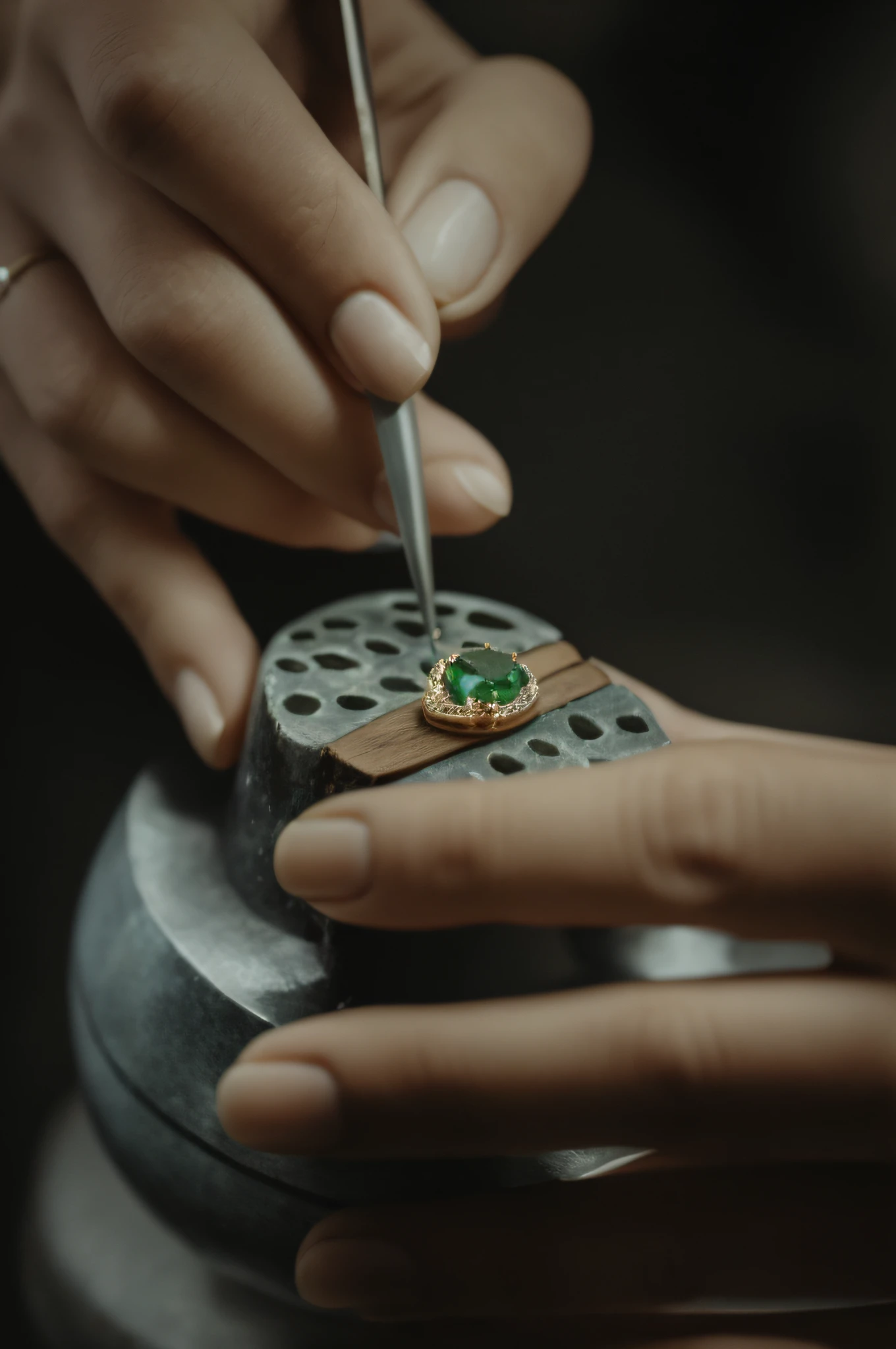 Someone is making a ring with a green gemstone, beautiful craftsmanship, Craftsmanship, delicate and precise brushwork, Elaborately crafted, photo of a hand jewellery model, jewelry engraved in scarab, bvlgari jewelry, amazing craftsmanship, chaumet style, author：Jacob Galmain, in the workshop, chaumet, a jewellery design, precision, carved from sapphire stone