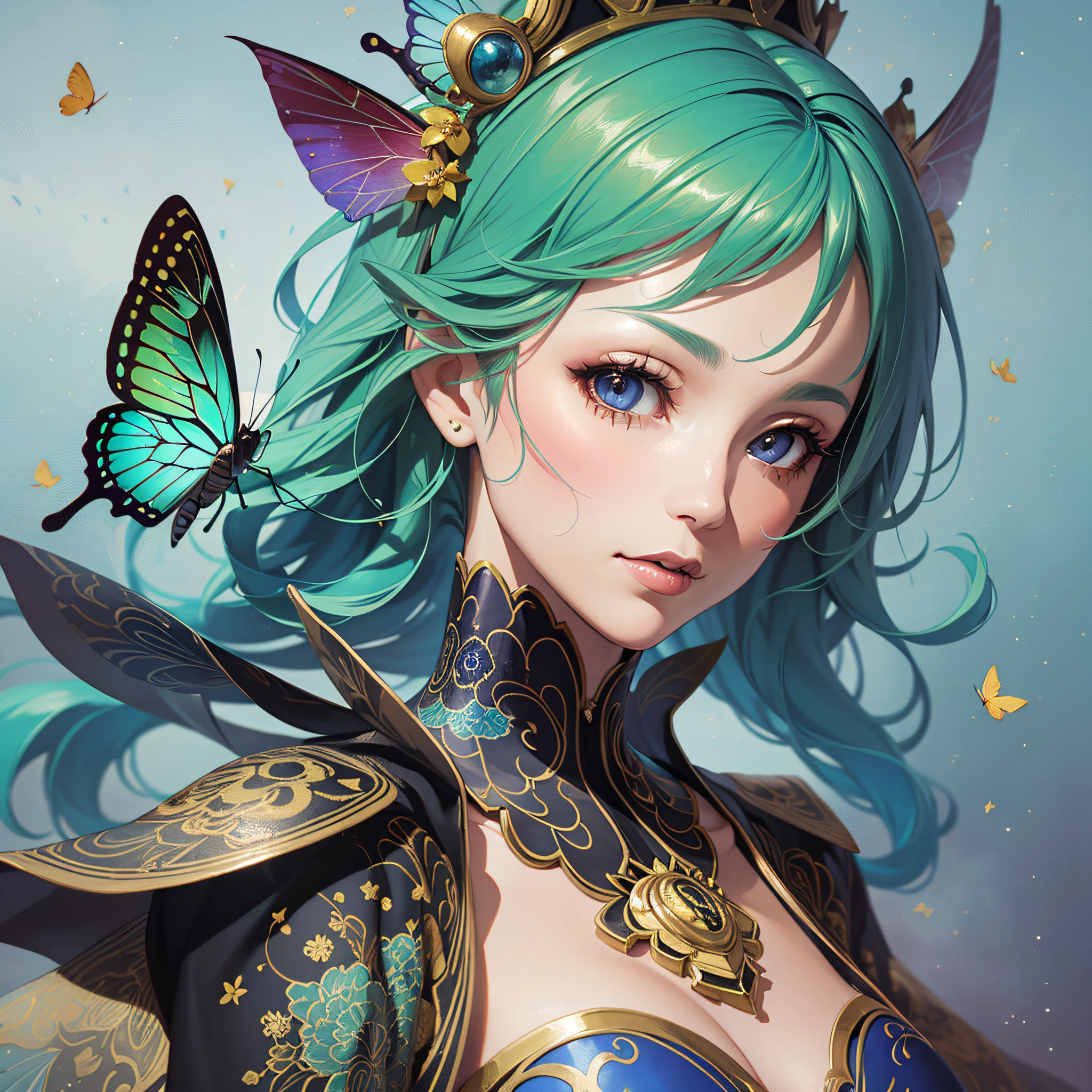 Close up of a woman with green hair and butterfly, Portrait Chevaliers du Zodiaque Fille, Extremely detailed Artgerm, 8K high quality detailed art, Detailed digital anime art, artgerm colorful!!!, ! Dream Artgerm, ((a beautiful fantasy empress)), like artgerm, Artgerm on ArtStation Pixiv