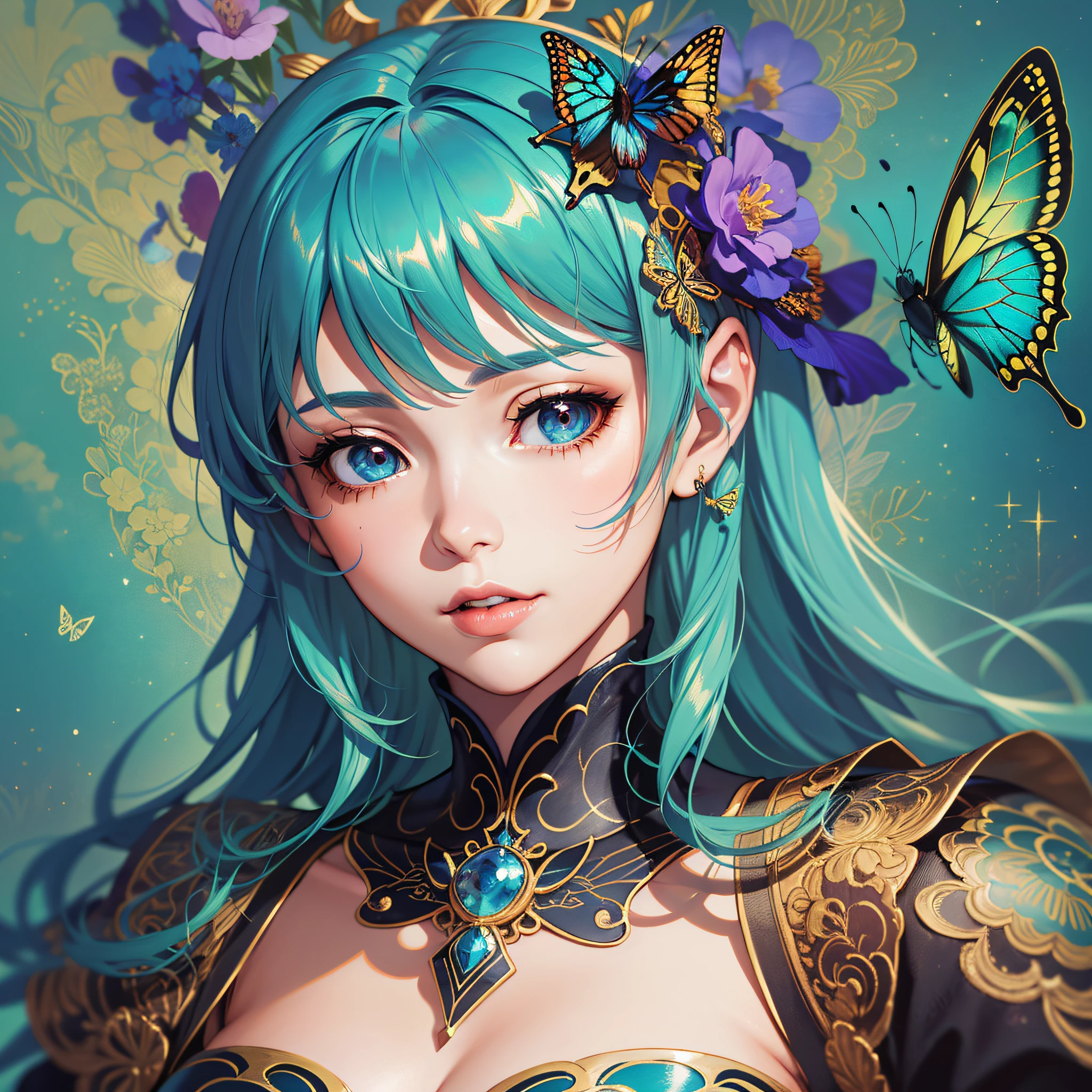 Close up of a woman with green hair and butterfly, Portrait Chevaliers du Zodiaque Fille, Extremely detailed Artgerm, 8K high quality detailed art, Detailed digital anime art, artgerm colorful!!!, ! Dream Artgerm, ((a beautiful fantasy empress)), like artgerm, Artgerm on ArtStation Pixiv