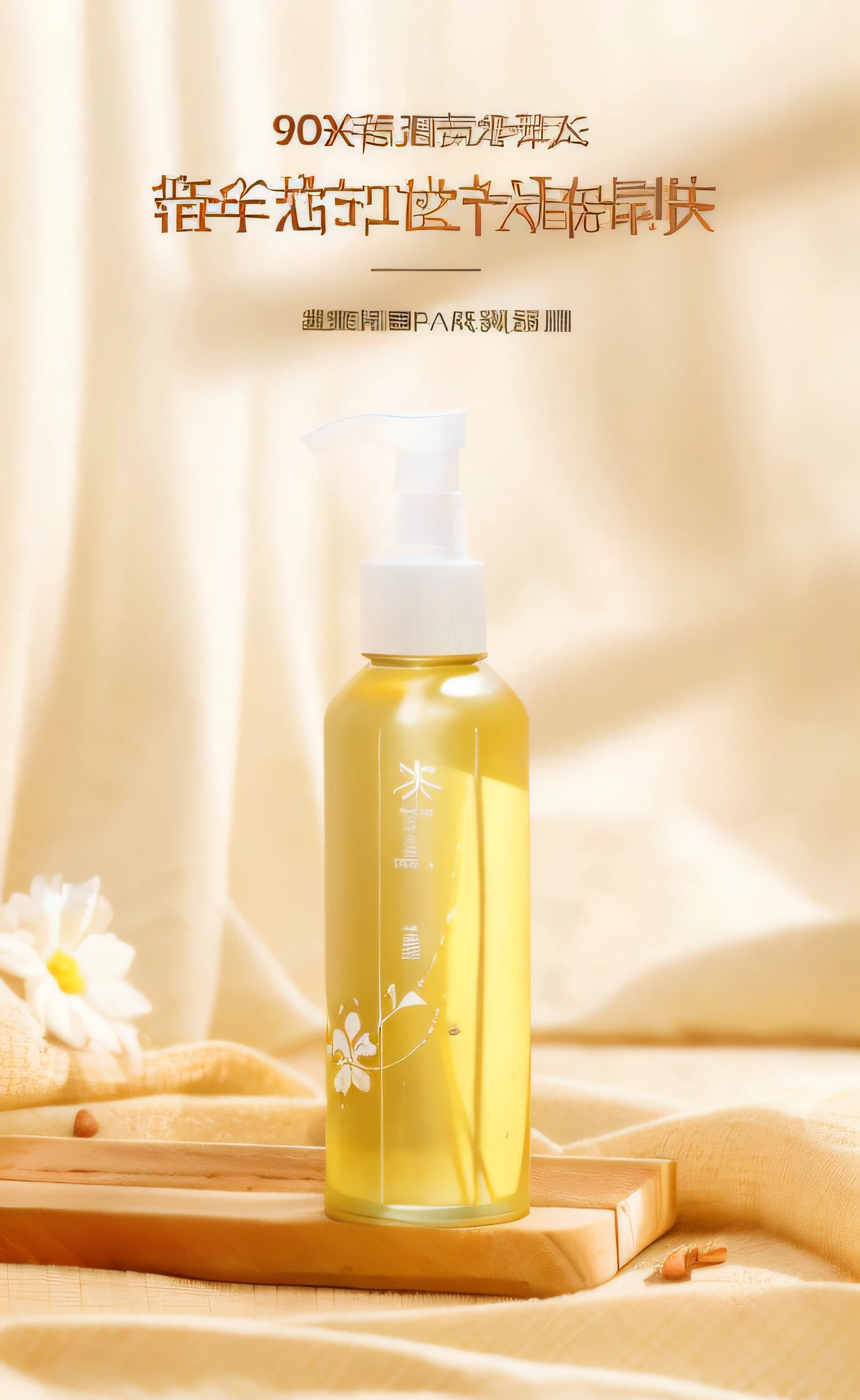 On a wooden pallet is a bottle of liquid, Product photo, product - view, Official product image, professional product photo, product image, sweet almost oil, product introduction photos, List image, high quality product photo, Official product photo, jia, Clean face and body skin, hair fluid, Lu Ji, glowing oil, professional product shot, product image