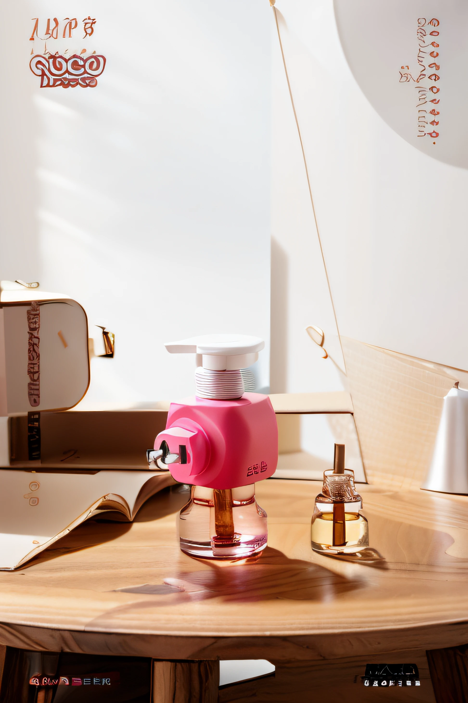 There is a table,There was a bottle of perfume and a piece of paper on it, miniature product photo, product introduction photos, Product photo, product introduction photos, photo product, Product photography, professional product photo, Professional product photography, Handsome, professional product shot, product design shot, Detailed scenery —width 672,