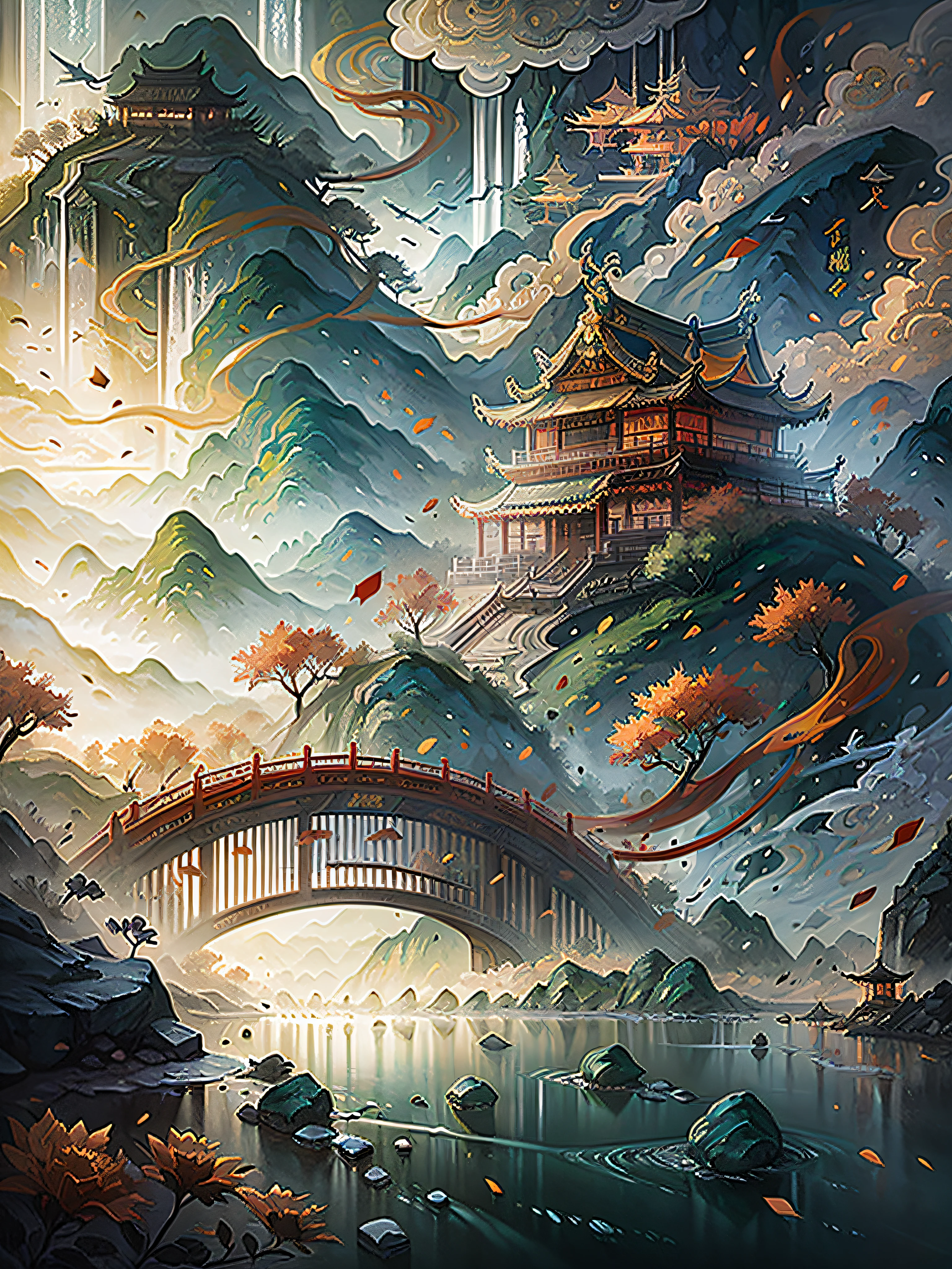 chinese wind mountains, river, auspicious clouds, pavilions, sunlight, masterpiece, super detail, epic composition, ultra hd, high quality, extremely detailed, official art, unified 8k wallpaper, super detail, 32k