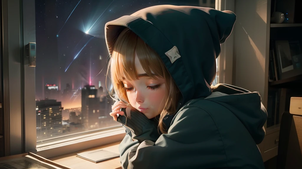 Shooting stars are flowing outside the window、Sleep while listening to the radio、wearing hoodies、Girl with a pretty face