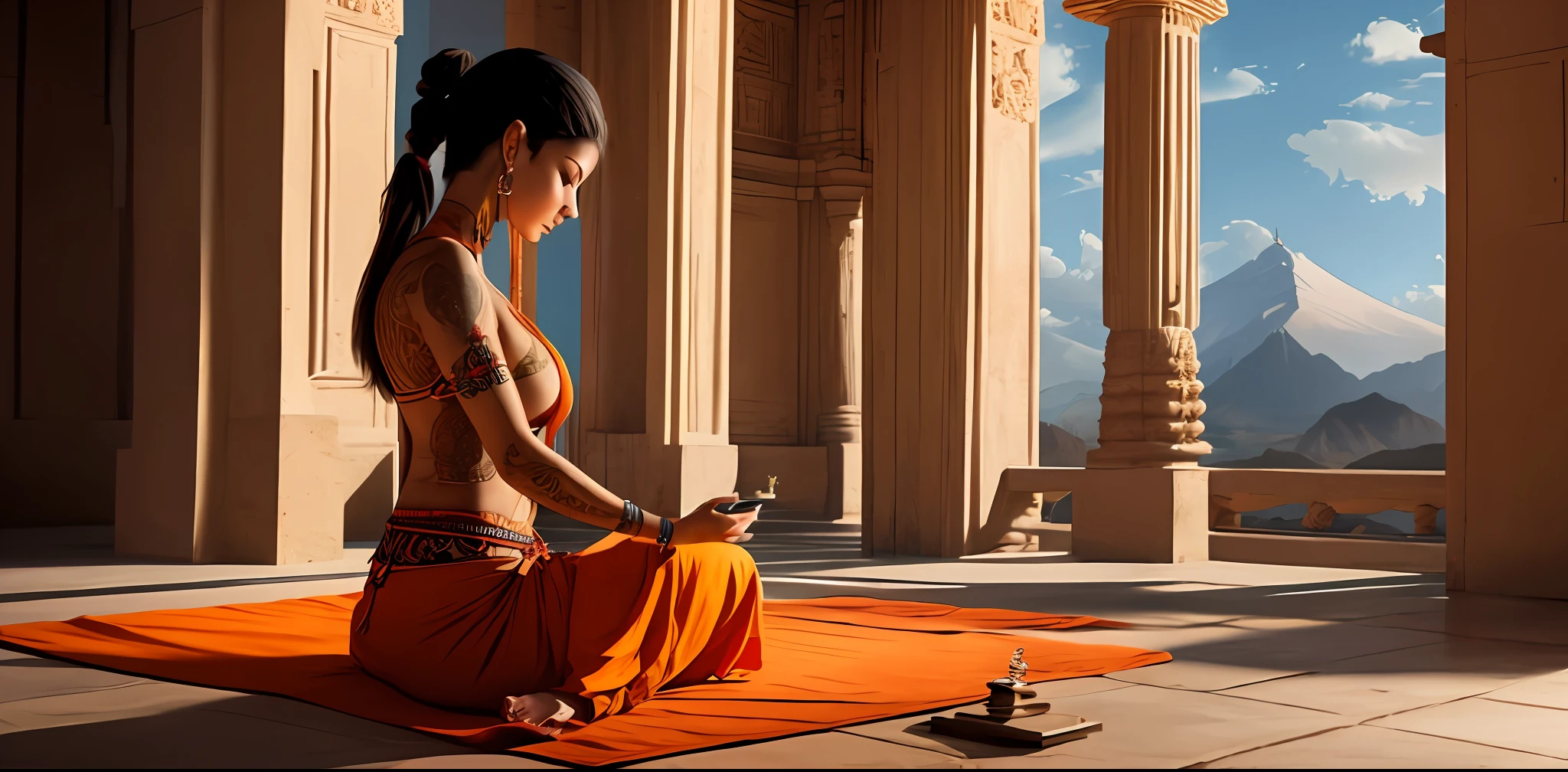 mujer budista con tatuajes y percings en su cuerpo meditando en un templo hindu foto realista --auto