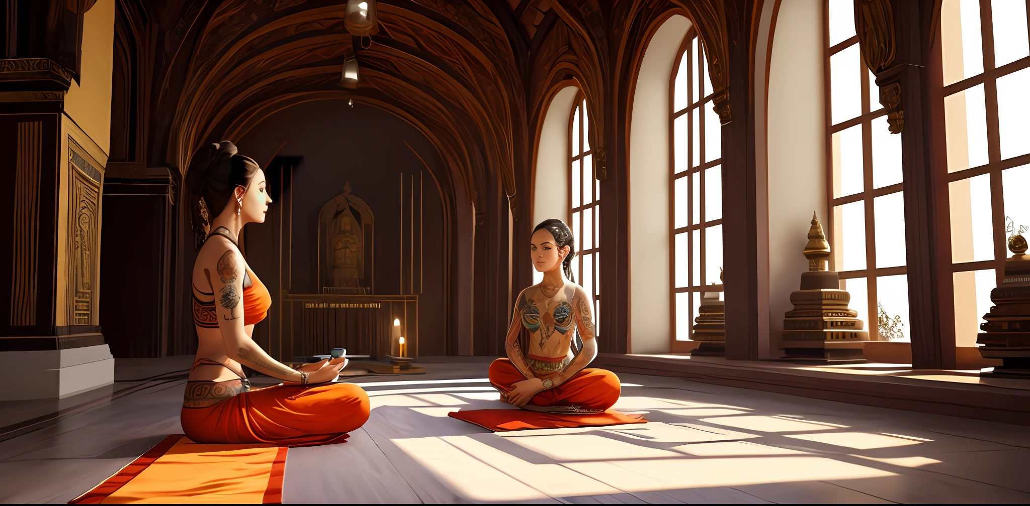 mujer budista con tatuajes y percings en su cuerpo meditando en un templo hindu foto realista --auto