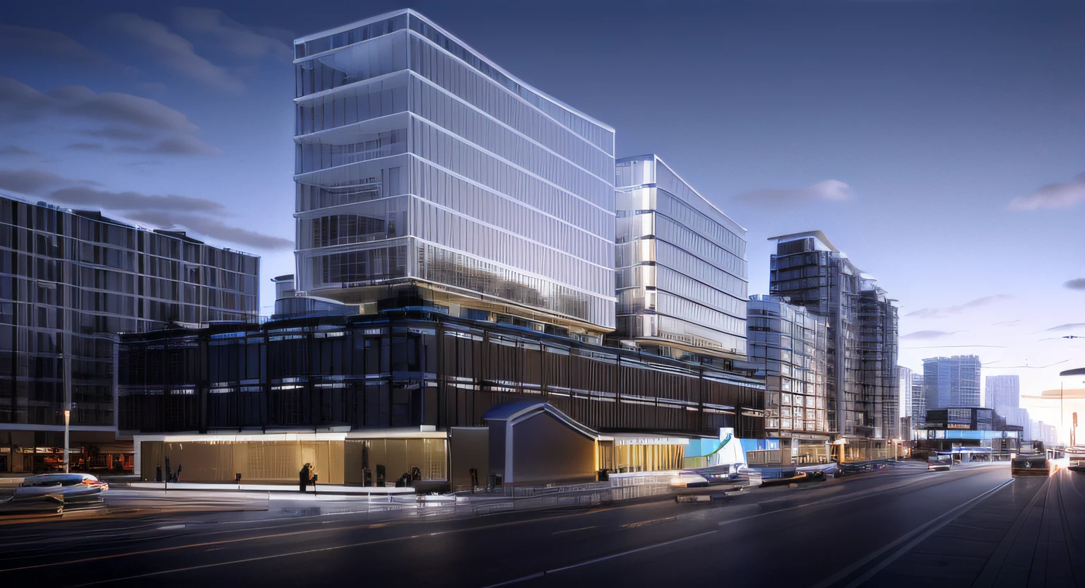 Buildings, apartament, Urban crowds,the city street,Heavy traffic,the trees,urban buildings,Commercial along the street,with blue sky and white clouds,Bottom recurve outer roof,,Superior apartment,Glass curtain wal,Public buildings,Chiaroscuro, hyper HD, High quality, A high resolution,the night,lamplight