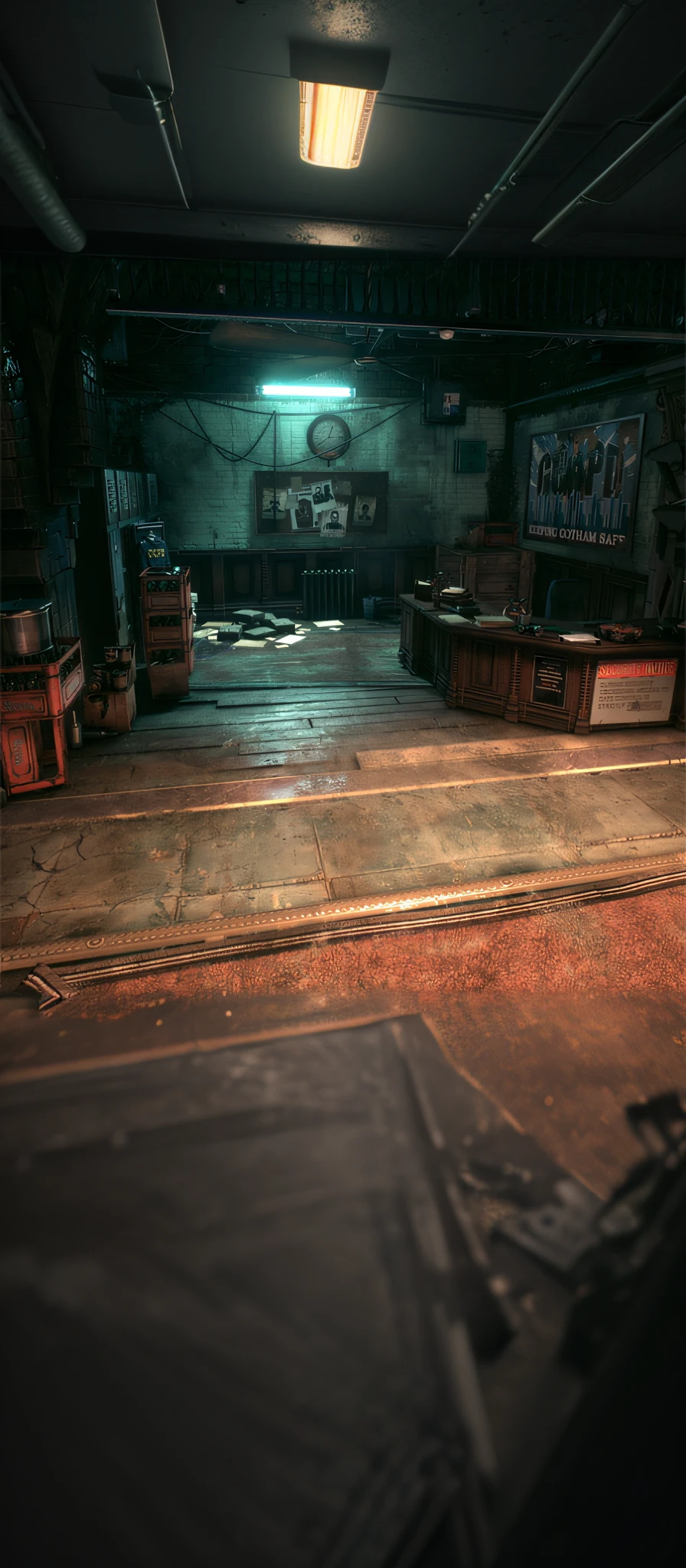 There was a room，There was a lot of furniture and a clock, Detailed textures and lighting, illusory engine. retro film still, detailed lighting and textures, Post-apocalyptic police department, photorealistic dark concept art, detailed atmospheric and gritty, rendered in unreal engine 3, rendered in unreal engine 3d, video game screenshot>, dramatic lighting render, rendered in unreal engine”