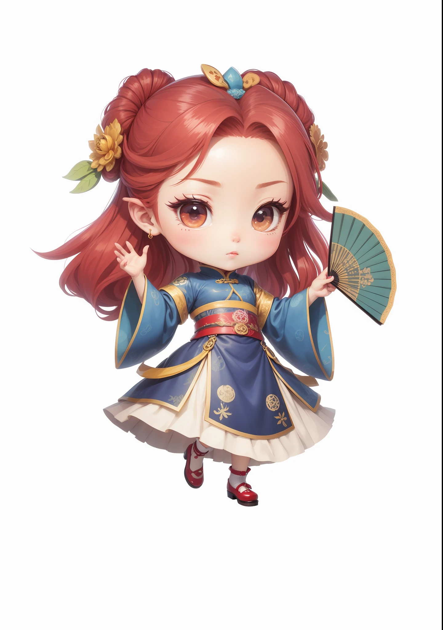 Chibi anime characters,China-style,Chinese-style clothing,Chinese shoes,Beautiful pattern on the fan,Fine drawing,Fine painting,Refinement,infinite details,high definition detail,Delicate belt,Patterned,Pattern,Blank background,Bright colors,Metal edging,Vivid colors,