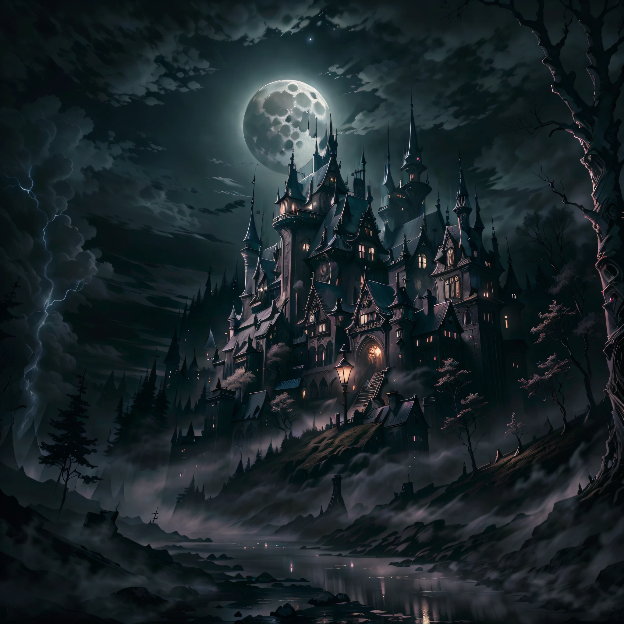 Moon, black night, shadowy old castle, dark forest in the background,HDR,UHD,8K, best quality, masterpiece, Highly detailed, ultra-fine painting