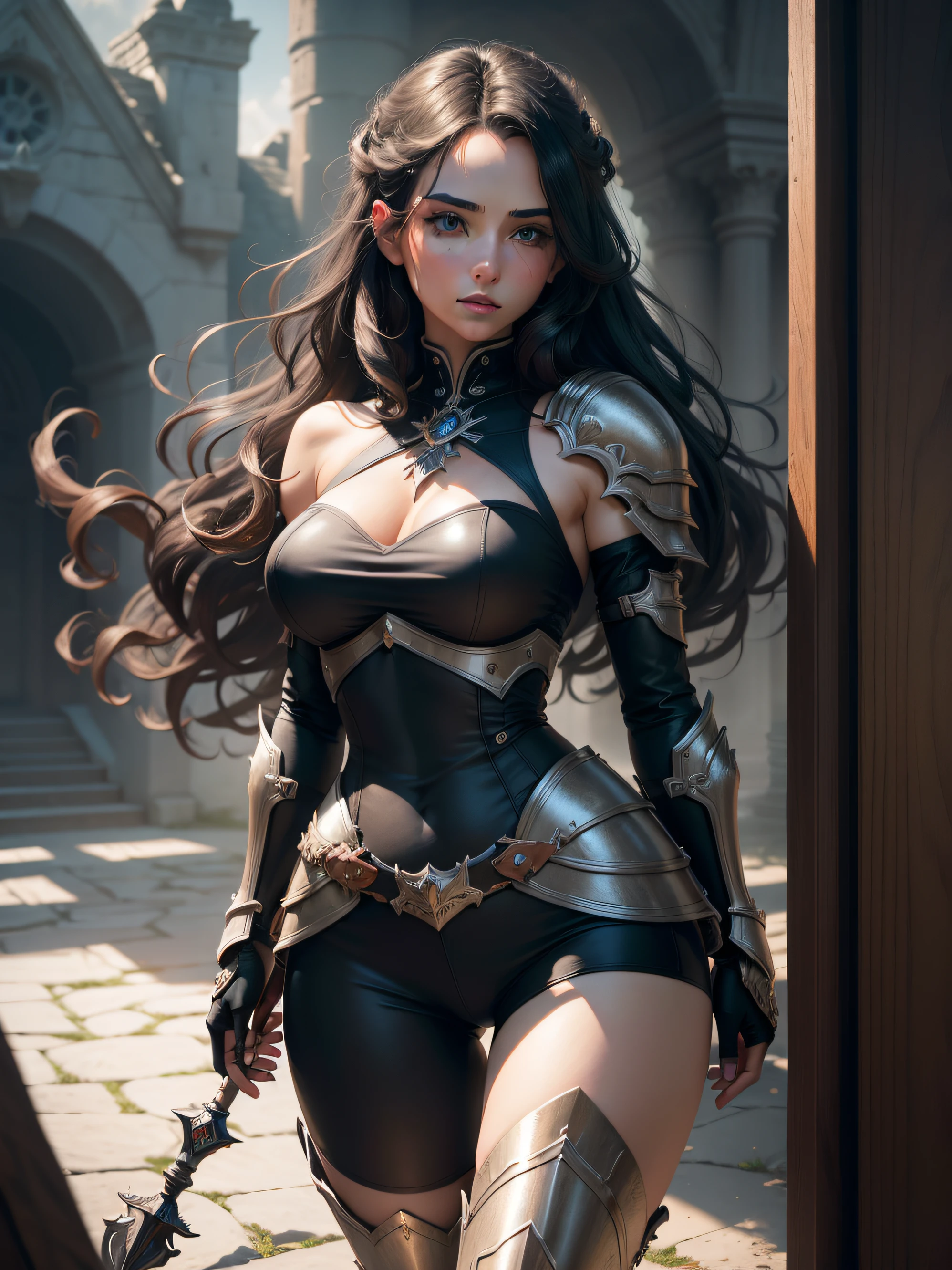 (masterpiece, best quality:1.4),(absurdres, highres, ultra detailed:1.2), (using dark magic:1.4), one young girl, solo, full body photo, curly black hair, blue eyes, thick lips, red lips, tanned skin, wearing black top, wearing shoulder armor, wearing black box pants, wearing boots, wearing short gloves, handgun in , sexy body, playful illustrations, imaginative overlays, artistic fusion, fantastical scenes, evocative narratives, striking visual, hair is blowing in the breeze, fantasy knight, fantasy paladin, perfect lightning, realistic shadows, sharp focus, depth of field faded, (neutral colors:1.2), (hdr:1.4), (muted colors:1.2), hyperdetailed, (artstation:1.4), cinematic, warm lights, dramatic light, (intricate details:1.1), complex background, (rutkowski:0.66), (teal and orange:0.4)