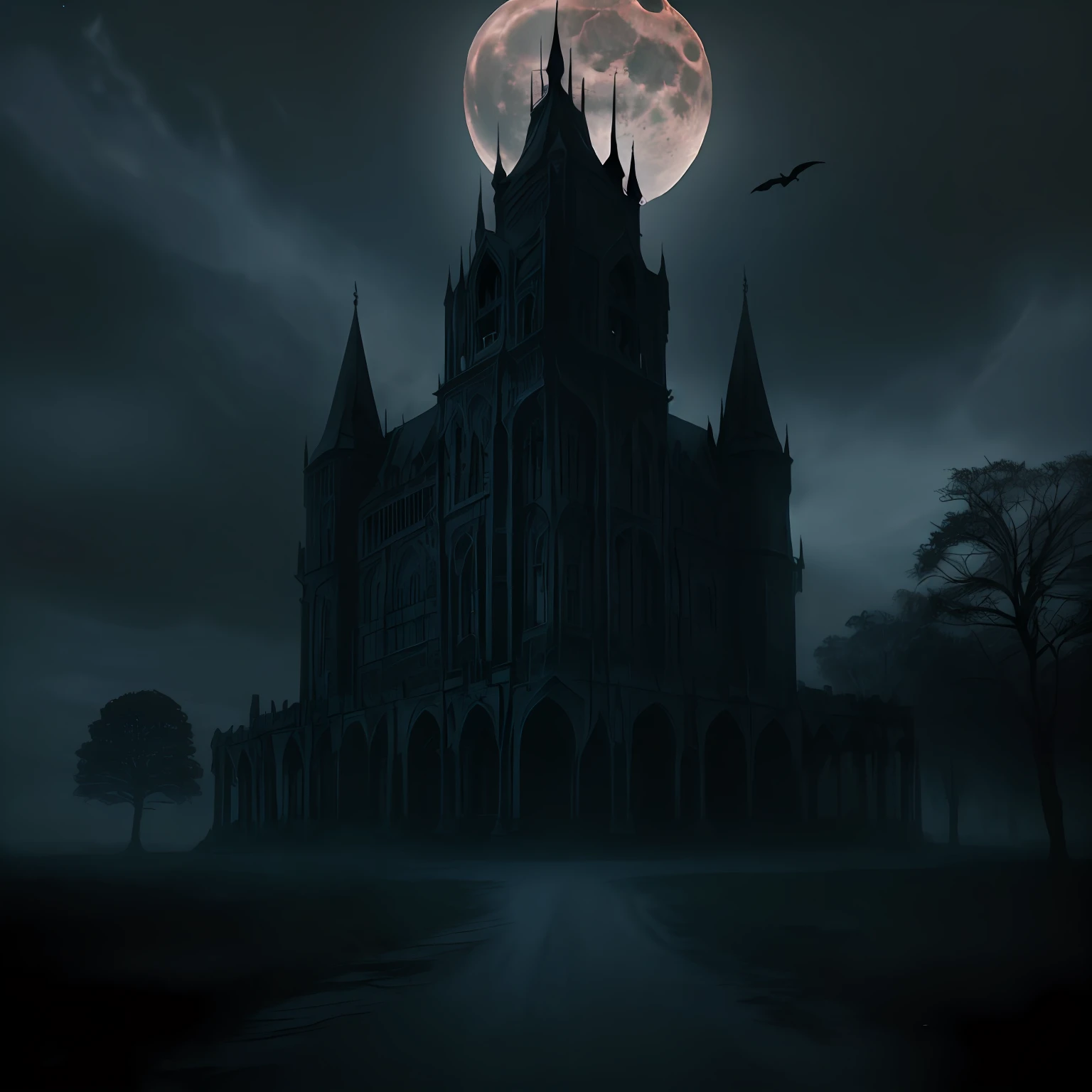 "((Dark Castle)), gothic architecture, eerie atmosphere, eerie lighting, moonlit sky, imposing structure, soaring spires, shadowy figures, ethereal presence, ancient history, secrets hidden within walls, ominous atmosphere"