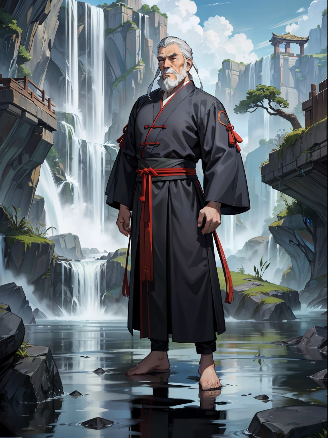 A Taoist priest, wearing a hanfu, 65 yeas old, gray hair and beard, standing in water, had his hands folded, Next to it is a barrier formed by water, The background is a waterfall, Ultra-wide angle, Masterpiece, Anatomically correct, Super detail