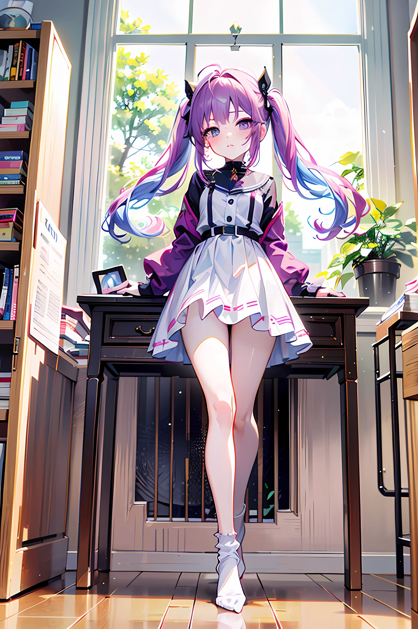 animemanga girl, Anime moe art style, 8K high quality, small curvaceous loli, seductive anime girls, Anime. Soft lighting，Loli，Ten years old，Pink and white socks，Purple colored hair，校服，sittinng on the desk，Legs dangling，Shyness blush，tmasterpiece，Random background，inside in room，half lidded eye，Overlooking，goth loli，eyelash，Exquisite facial details，cropped legs，No shoes，Extremely colorful，high detal，复杂