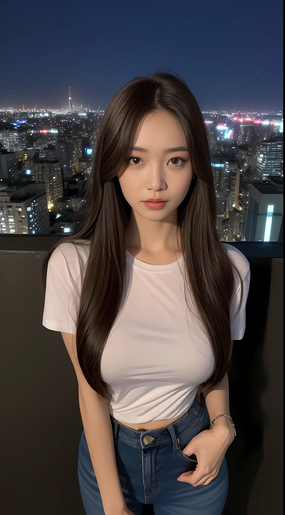 ((Midnight, Best quality, 8k, Masterpiece :1.3)), Whole body, Long legs, Sharp focus :1.2, A pretty woman with perfect figure :1.4, Slender abs :1.1, ((Dark brown hair,Gigantic breasts :1.2)), (White tight tshirt, Jean bib, Standing:1.2), ((Night city view, Rooftop:1.3)), Highly detailed face and skin texture, Detailed eyes, Double eyelid
