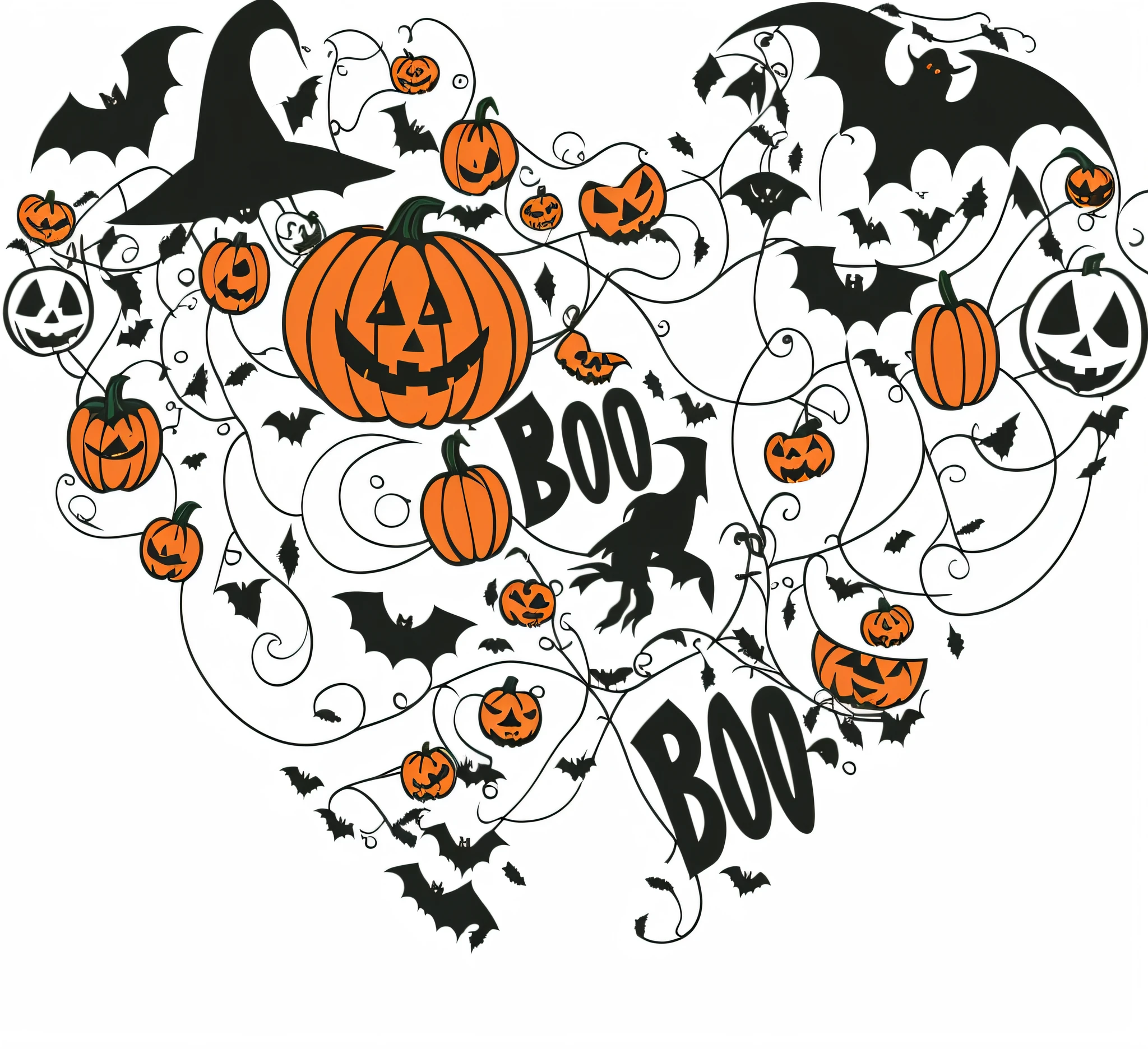 Heart-shaped Halloween icon on black background, halloween wallpaper with ghosts, halloween theme, halloween art style, Trick or Treat, spooky halloween theme, halloween celebration, halloween atmosphere, spooky halloween fun, in a halloween style, halloween scene, Halloween, halloween night, illustratio, haunting and spooky, spooky halloween night, cute funny ghost, ❤🔥🍄🌪,Vintage illustration，Retro，Graphic illustration，planar