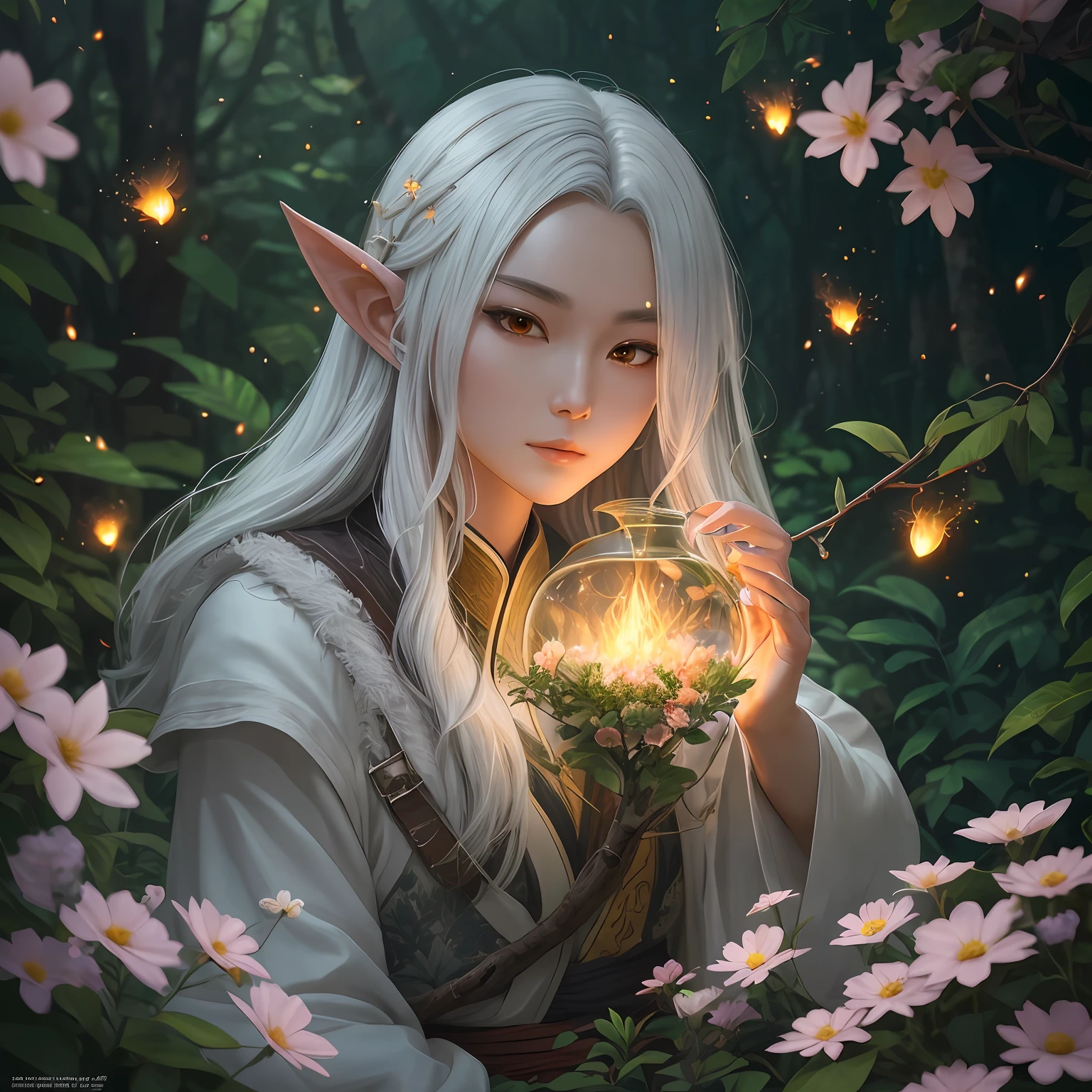 Masterpiece, best quality, (very detailed CG unified 8k wallpaper), (best quality), (best illustration), (best shadow), close-up of a man with white hair and white mask, beautiful figure painting, Guviz, Guvitz style artwork, white-haired god, Yang J, epic exquisite character art, amazing character art, Fan Qi, Wu Zhun Shifan, Guvitz in pixiv art station, glowing elf, with a glowing deer, drinking water in the pool, Natural elements in forest theme. Mysterious forest, beautiful forest, nature, surrounded by flowers, delicate leaves and branches surrounded by fireflies (natural elements), (jungle theme), (leaves), (branches), (fireflies), (particle effects) and other 3D, Octane rendering, ray tracing, super detailed