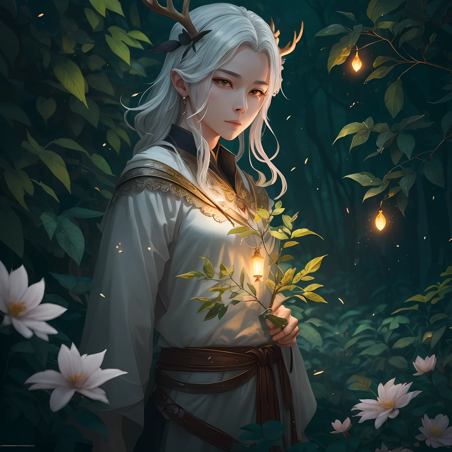 Masterpiece, best quality, (very detailed CG unified 8k wallpaper), (best quality), (best illustration), (best shadow), close-up of a man with white hair and white mask, beautiful figure painting, Guviz, Guvitz style artwork, white-haired god, Yang J, epic exquisite character art, amazing character art, Fan Qi, Wu Zhun Shifan, Guvitz in pixiv art station, glowing elf, with a glowing deer, drinking water in the pool, Natural elements in forest theme. Mysterious forest, beautiful forest, nature, surrounded by flowers, delicate leaves and branches surrounded by fireflies (natural elements), (jungle theme), (leaves), (branches), (fireflies), (particle effects) and other 3D, Octane rendering, ray tracing, super detailed