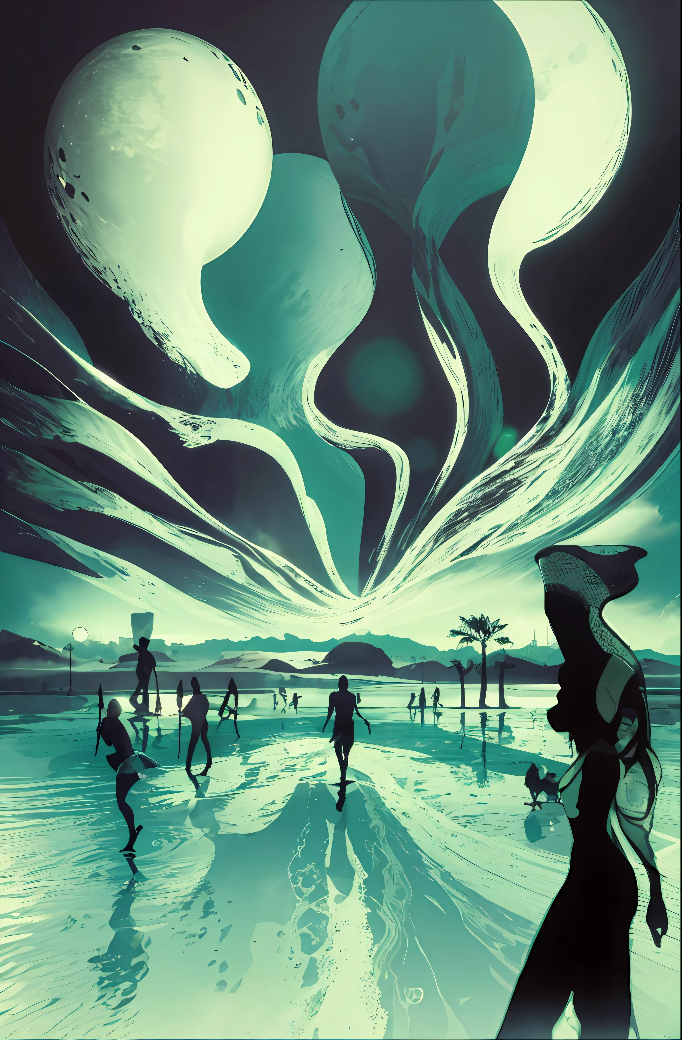 paysage magnifique, silhouettes de femmes nues, Noir et blanc, Bluish plane