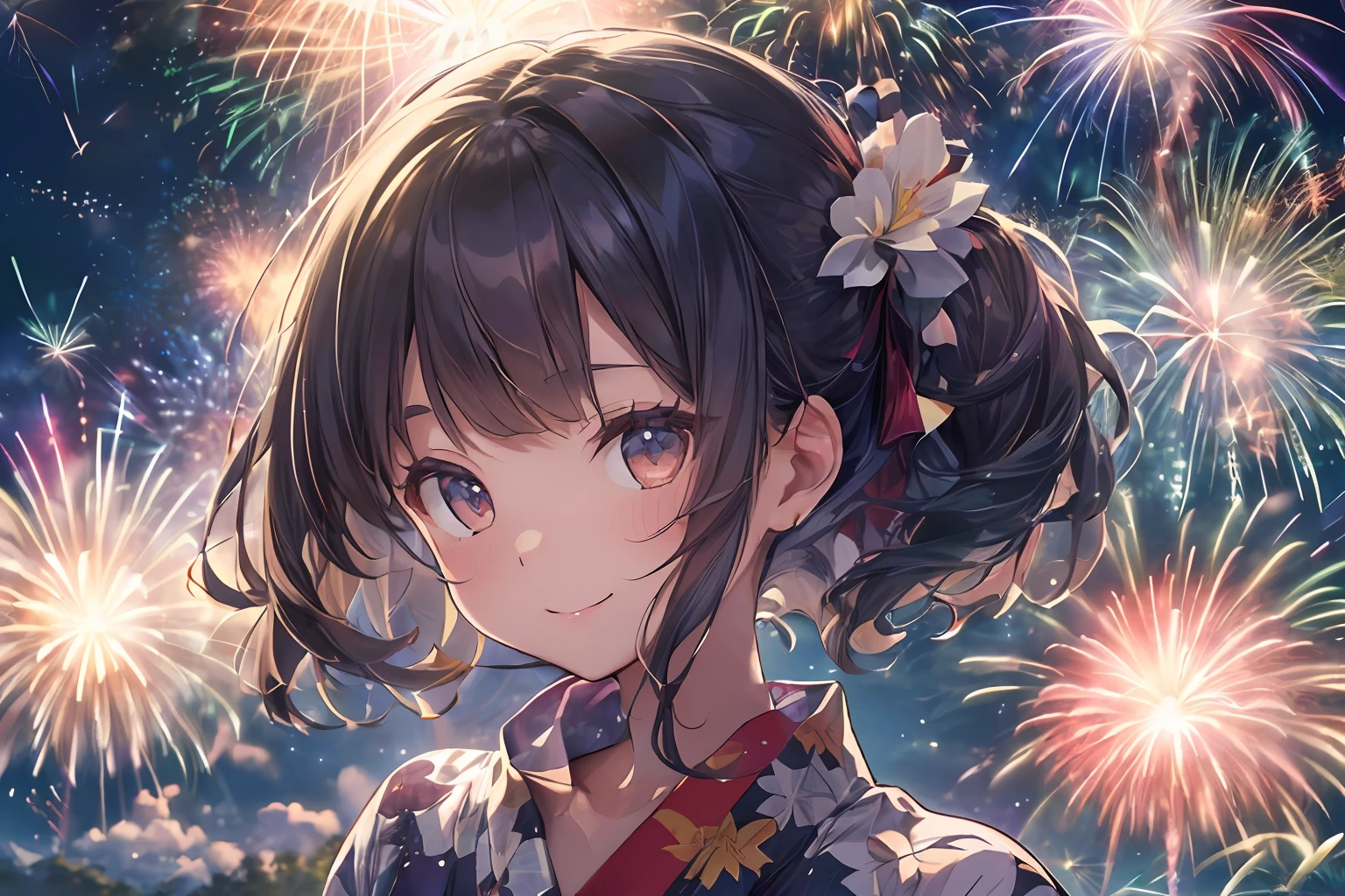 Beautiful Japan girl yukata、(Fireworks in the vast night sky),(top-quality、8K、32K、masterpiece、nffsw:1.3)、(Photorealsitic:1.4)、Raw photography、a smile:1.4、Wide Angle、hair adornments,Elegant Pose、skyrocket、Fireworks glare、depth of fields、lensflare、accurate hands