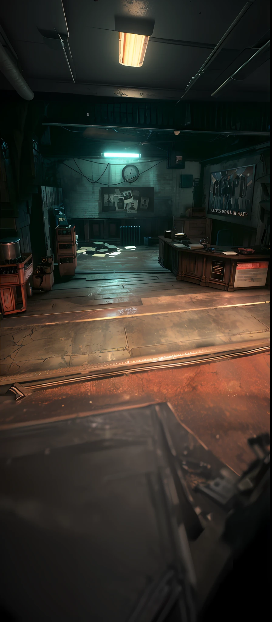 There was a room，There was a lot of furniture and a clock, Detailed textures and lighting, illusory engine. retro film still, detailed lighting and textures, Post-apocalyptic police department, photorealistic dark concept art, detailed atmospheric and gritty, rendered in unreal engine 3, rendered in unreal engine 3d, video game screenshot>, dramatic lighting render, rendered in unreal engine”