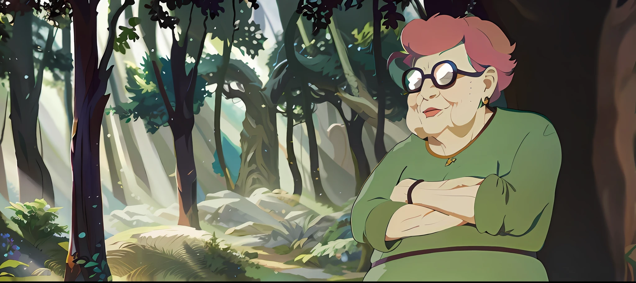 Grandma Anime in front of a tree in a forest, estilo de arte league of legends | | | |, arte oficial de jogo, alta qualidade