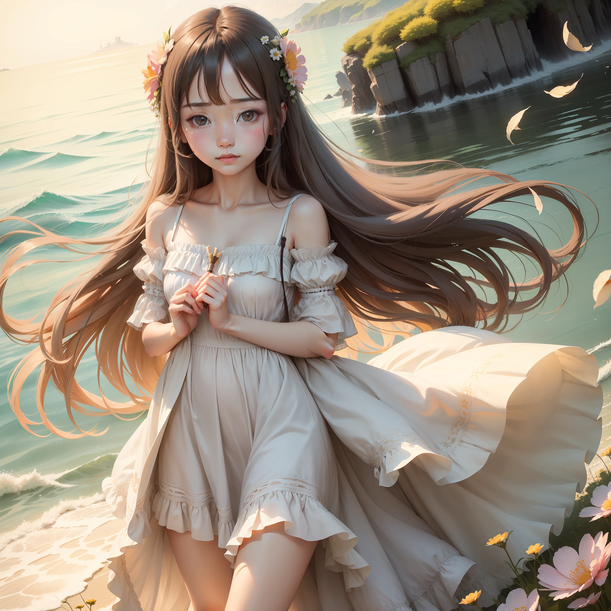 The gentle temperament of the girl,Slightly shy,A gentle breeze brushes the soft, long hair,Bright eyes radiate life,Wear a light dress,Stand in a sea of flowers in the sun。