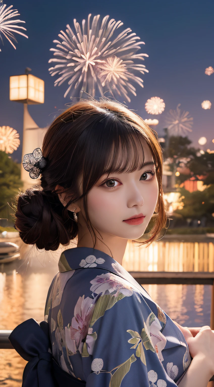 masterpiece, best quality, illustration, ultra-detailed, finely detail, highres, 8k wallpaper, perfect dynamic composition, beautiful detailed eyes, Yukata, hanabi background