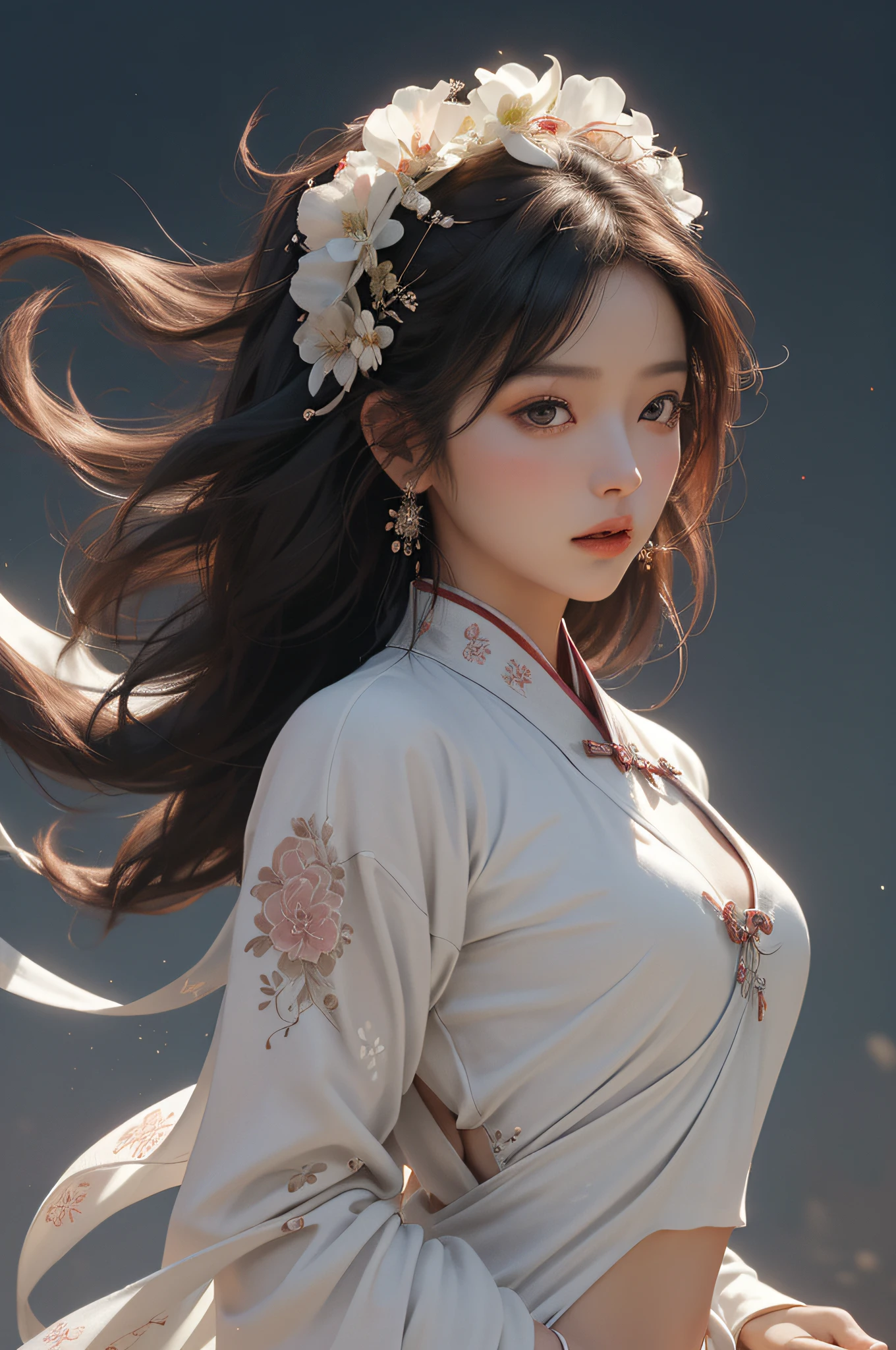 zhongfenghua, 1girl, solo, hanfu, ancient_chinese_architecture, flower field, blossom, (white smoke:1.3) (photorealistic:1.4), zentangle, mandala, entangle, official art, unity 8k wallpaper, ultra detailed, beautiful and aesthetic, masterpiece,best quality, (dynamic angle:1.4), glowing skin, (floating colorful sparkles:1) the most beautiful form of chaos, elegant, a brutalist designed, vivid colours, romanticism depth of field exotic_dance