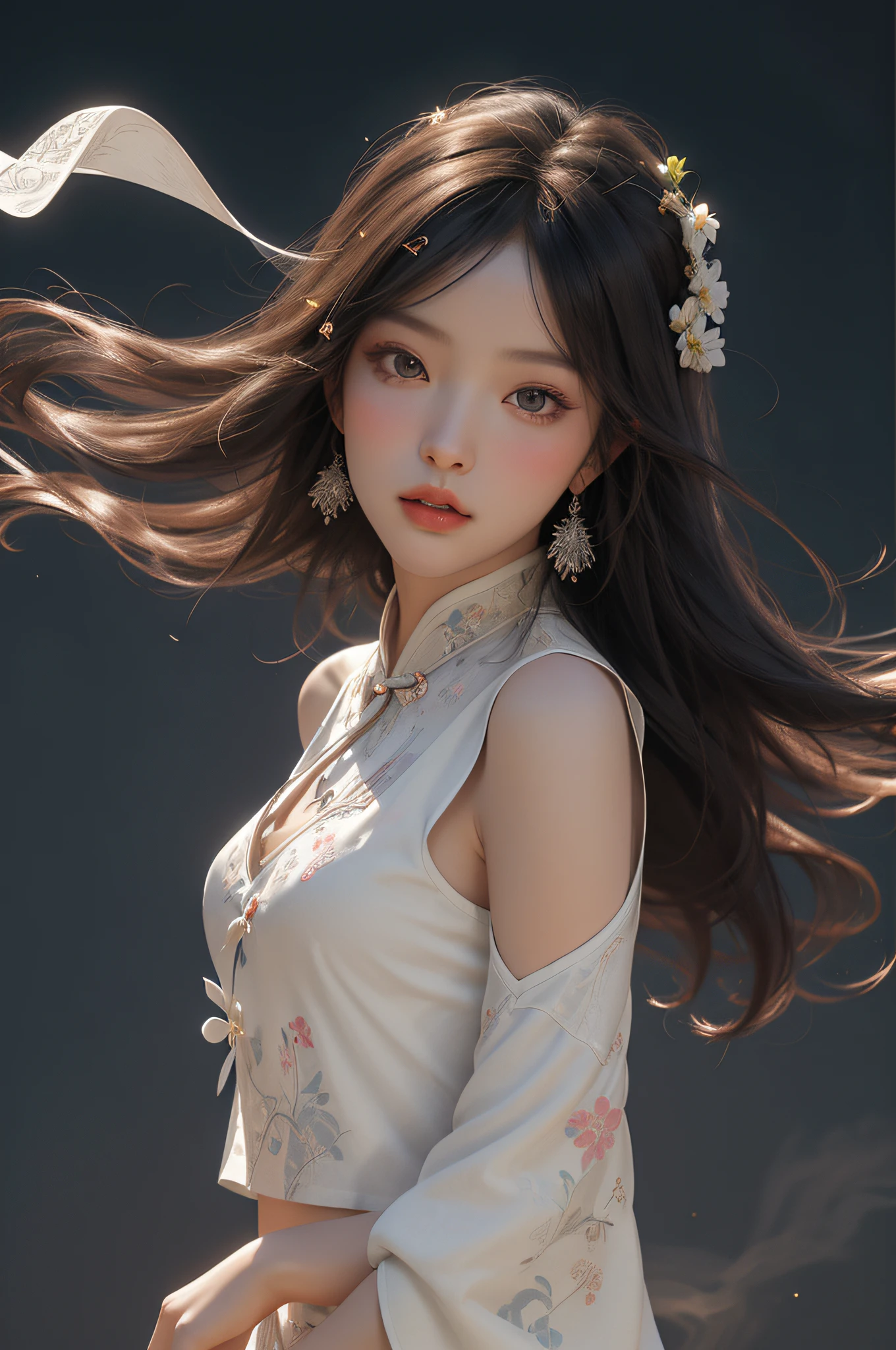 zhongfenghua, 1girl, solo, hanfu, ancient_chinese_architecture, flower field, blossom, (white smoke:1.3) (photorealistic:1.4), zentangle, mandala, entangle, official art, unity 8k wallpaper, ultra detailed, beautiful and aesthetic, masterpiece,best quality, (dynamic angle:1.4), glowing skin, (floating colorful sparkles:1) the most beautiful form of chaos, elegant, a brutalist designed, vivid colours, romanticism depth of field exotic_dance