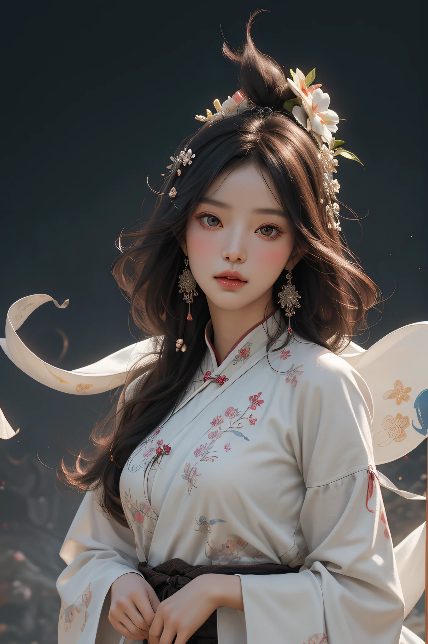 zhongfenghua, 1girl, solo, hanfu, ancient_chinese_architecture, flower field, blossom, (white smoke:1.3) (photorealistic:1.4), zentangle, mandala, entangle, official art, unity 8k wallpaper, ultra detailed, beautiful and aesthetic, masterpiece,best quality, (dynamic angle:1.4), glowing skin, (floating colorful sparkles:1) the most beautiful form of chaos, elegant, a brutalist designed, vivid colours, romanticism depth of field exotic_dance