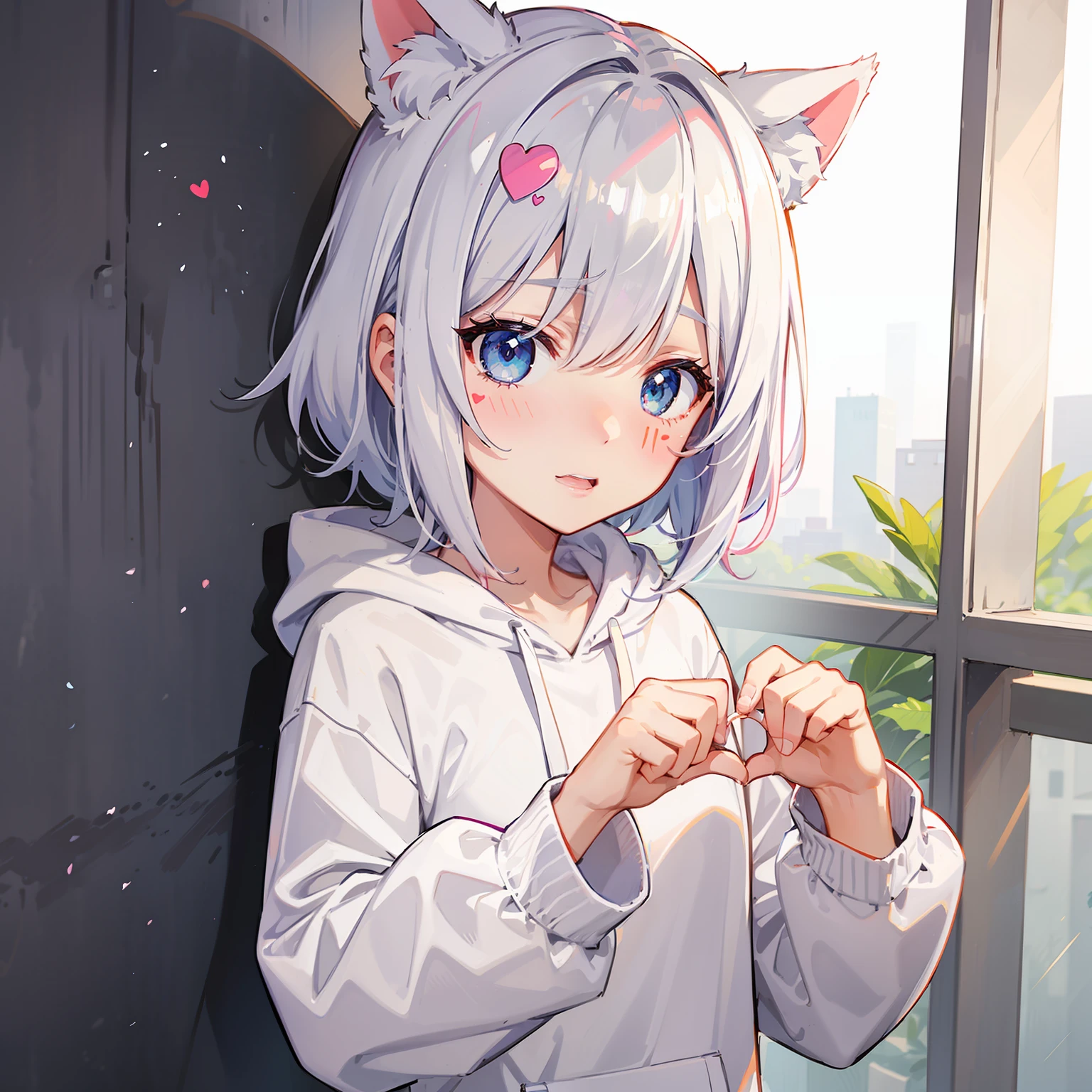 top-quality、ultra-detailliert、wall-paper、cat ear、Eyes of Innocence、Only eyes、White eyes、Pure white eyes、Cyan hair、A pink-haired、White hair、Wearing a hoodie、Imitation of a cat with hands、Say Nya、red blush、Shy face、rejoice、Ashamed、Nice body、A sexy、kirakira、heart mark、𝓡𝓸𝓶𝓪𝓷𝓽𝓲𝓬