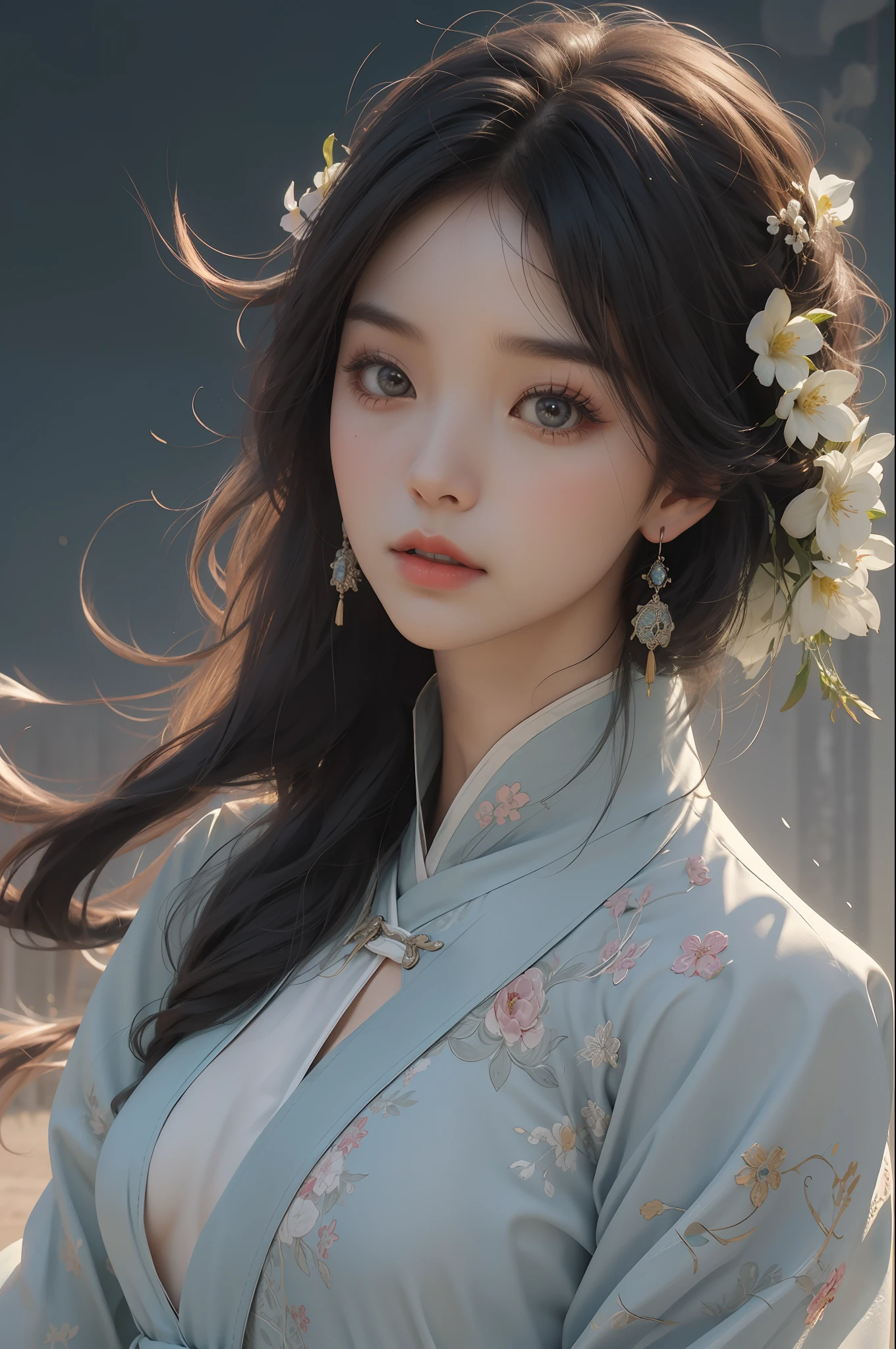 zhongfenghua, 1girl, solo, hanfu, ancient_chinese_architecture, flower field, blossom, (white smoke:1.3) (photorealistic:1.4), zentangle, mandala, entangle, official art, unity 8k wallpaper, ultra detailed, beautiful and aesthetic, masterpiece,best quality, (dynamic angle:1.4), glowing skin, (floating colorful sparkles:1) the most beautiful form of chaos, elegant, a brutalist designed, vivid colours, romanticism depth of field exotic_dance