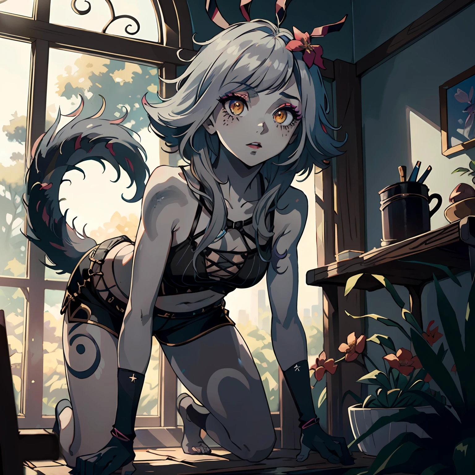 ((Cinematic light, Best quality, 8k, Masterpiece :1.3)), 1girl, Beautiful woman with thin abs :1.4, (light grey hair, small breasts :1.3), hopefully falling, seductive open lips, ultra-detailed face, detailed eyes, double eyelidwork, best quality, hair flower, dark purple body painting, ((calango tail)),((goth)), steamy, sexual teasing, jojo position, hands shining purple, (((black makeup))), light grey skincolor, grey skin, unusual skincolor, ((pale white skin)), black bodypaint, ((black crop top)), jojo pose, ((black shorts)),