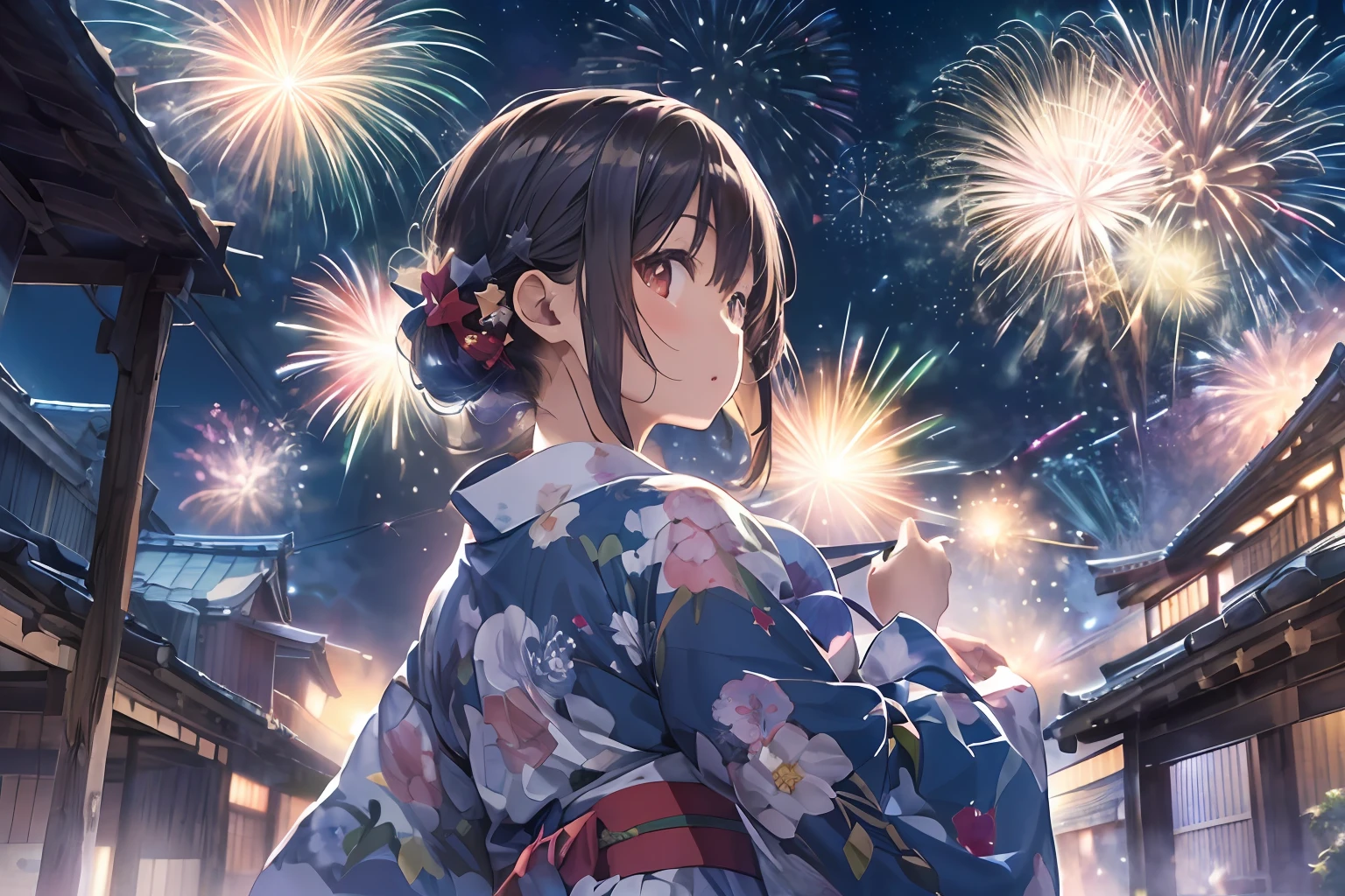 Beautiful Japan girl yukata、(Fireworks in the vast night sky),(top-quality、8K、32K、masterpiece、nffsw:1.3)、(Photorealsitic:1.4)、Raw photography、Wide Angle、hair adornments,Elegant Pose、skyrocket、Fireworks glare、depth of fields、lensflare、accurate hands