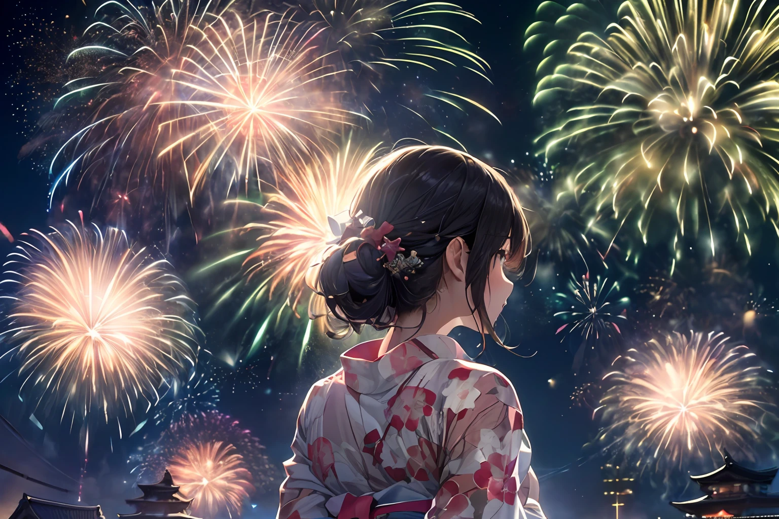 Beautiful Japan girl yukata、(Fireworks in the vast night sky),(top-quality、8K、32K、masterpiece、nffsw:1.3)、(Photorealsitic:1.4)、Raw photography、Wide Angle、hair adornments,Elegant Pose、skyrocket、Fireworks glare、depth of fields、lensflare、accurate hands