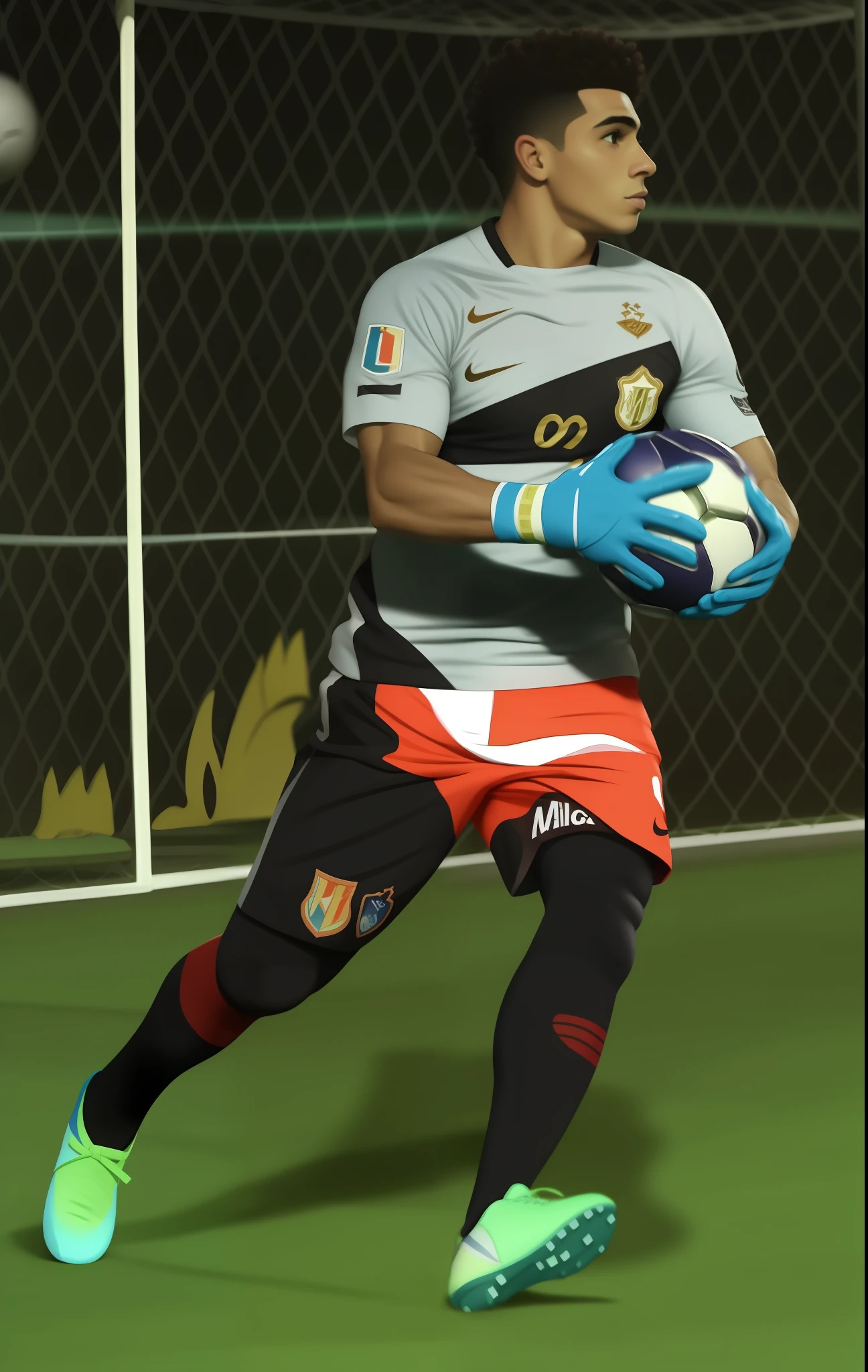 (8k, melhor qualidade, obra-prima: 1.2),um homem jogador de futebol,goleiro,Presentation art,arte profissional,flyer