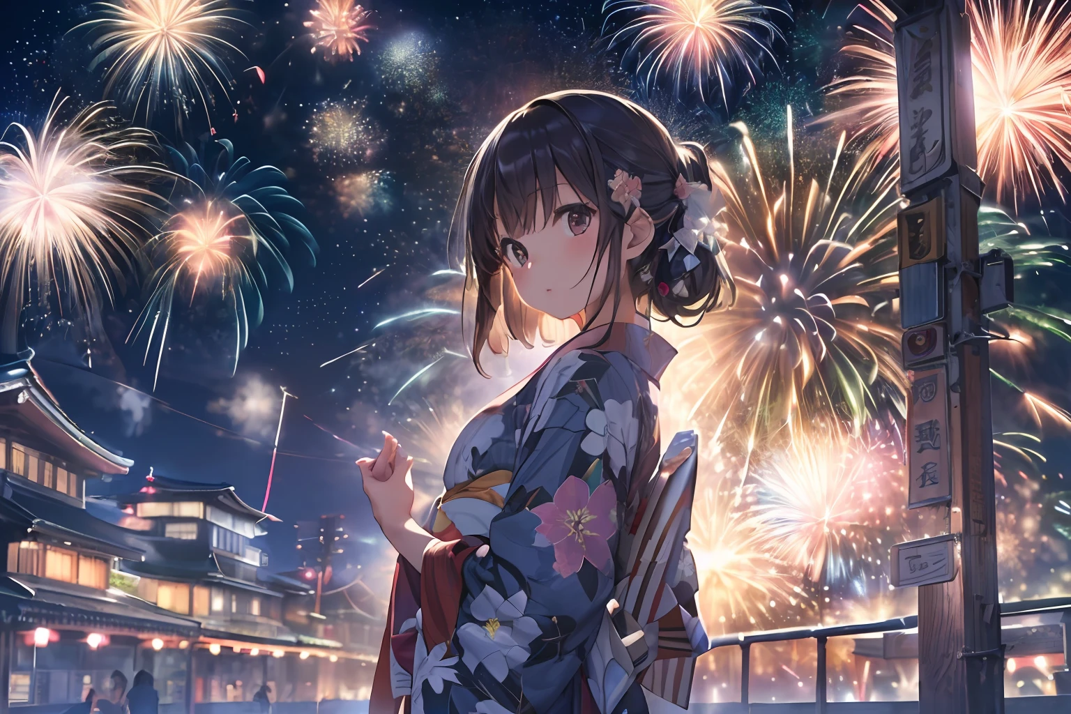 Beautiful Japan girl yukata、(Fireworks in the vast night sky),(top-quality、8K、32K、​masterpiece、nffsw:1.3)、(Photorealsitic:1.4)、Raw photography、Wide Angle、hair adornments,Elegant Pose、skyrocket、Fireworks glare、depth of fields、lensflare、accurate hands