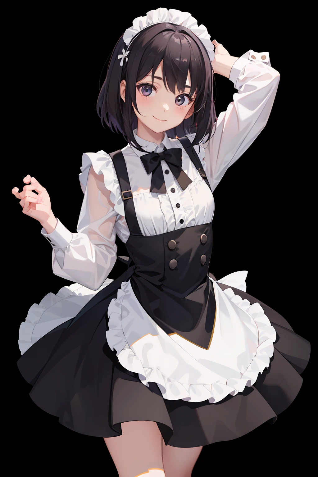 1girl in、A smile、A delightful、skirt by the、(small tits)Chilarism、doress、pinafore,,,,,,、Maids,,,,,,,,、A dark-haired、hair adornments、movement、