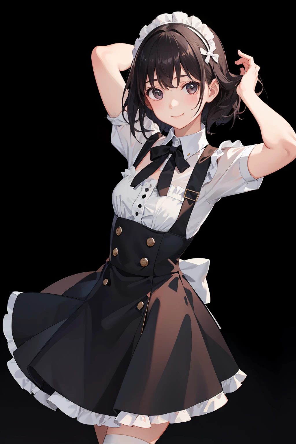 1girl in、A smile、A delightful、skirt by the、(small tits)Chilarism、doress、pinafore,,,,,,、Maids,,,,,,,,、A dark-haired、hair adornments、movement、
