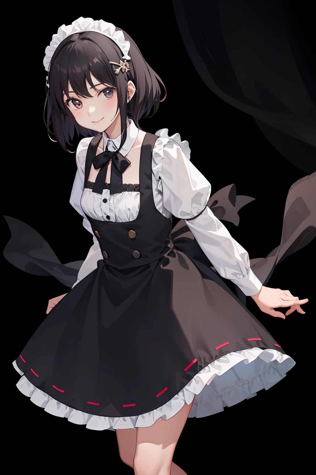 1girl in、A smile、A delightful、skirt by the、(small tits)Chilarism、doress、pinafore,,,,,,、Maids,,,,,,,,、A dark-haired、hair adornments、movement、