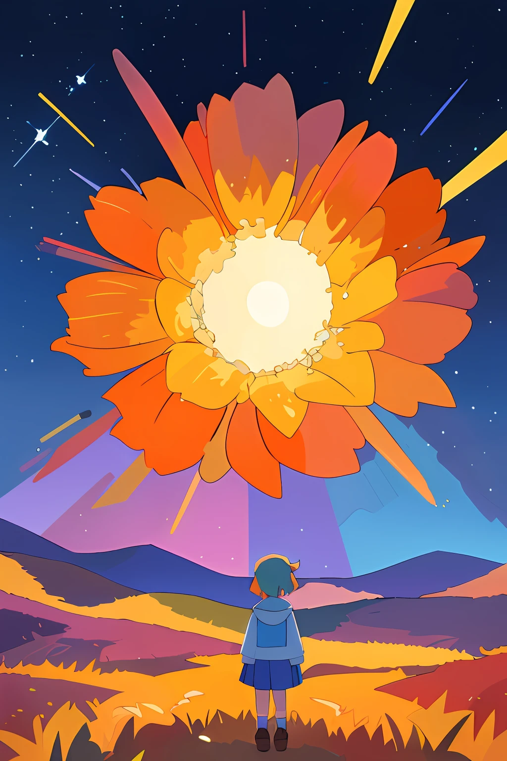 Expansive landscape photograph, (view from below with a view of the sky and the wilderness below),  girl standing in a flower field looking up, (full moon: 1.2), (shooting star: 0.9), (nebula: 1.3), distant mountain, tree break production art, (warm light source: 1.2), (firefly: 1.2), lamp, purple and orange, intricate detail, volume lighting BREAK (masterpiece: 1.2), (highest quality ), 4k, ultra-detailed, (dynamic configuration: 1.4), highly detailed and colorful details (iridescent: 1.2), (sparkling lighting, atmospheric lighting), dreamy, magical, (solo: 1.2)