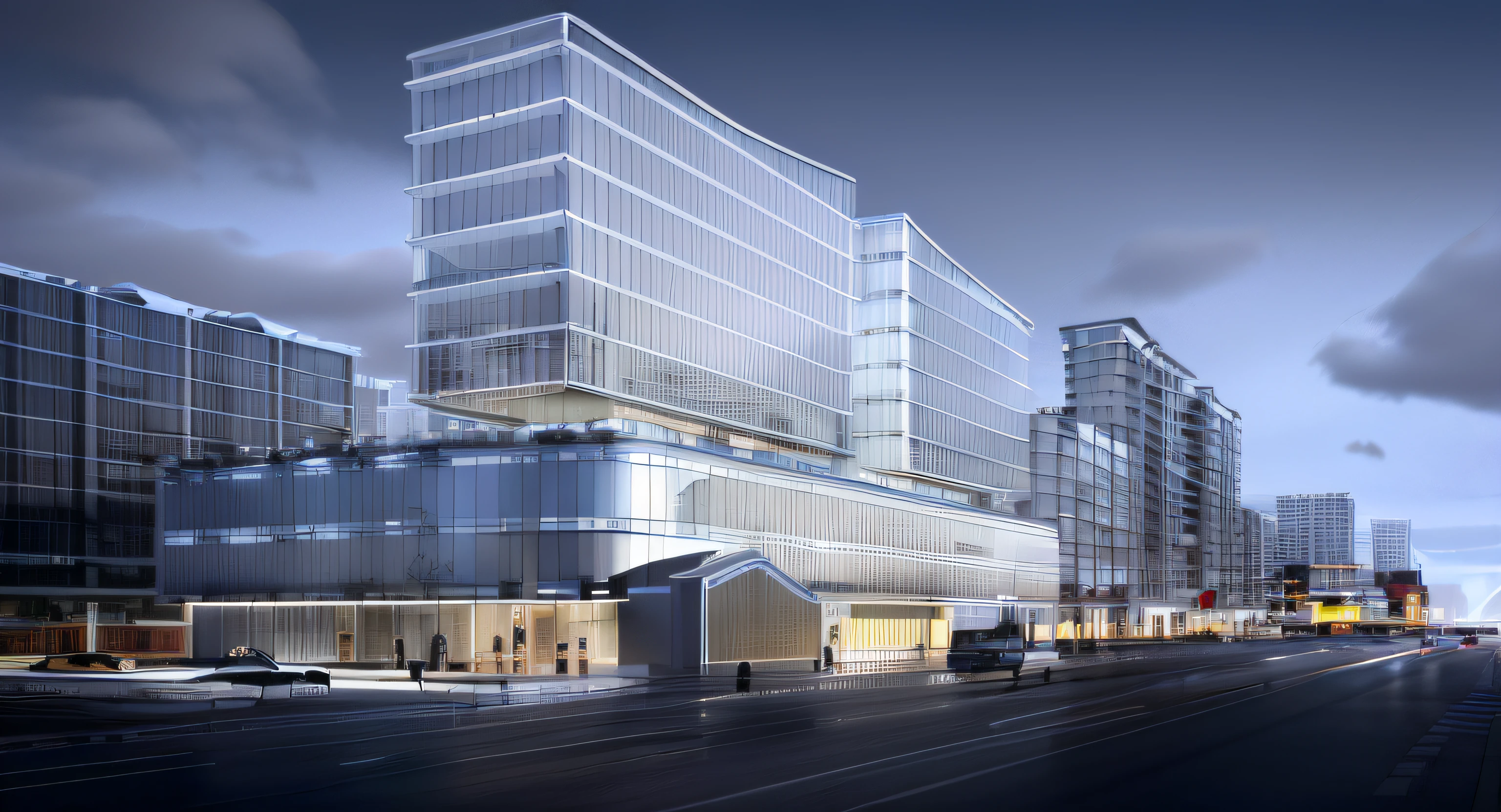Buildings, apartament, Urban crowds,the city street,Heavy traffic,the trees,urban buildings,Commercial along the street,with blue sky and white clouds,Bottom recurve outer roof,,Superior apartment,Clean glass curtain wall,Public buildings,Chiaroscuro, hyper HD, High quality, A high resolution,the night,lamplight,metal lid