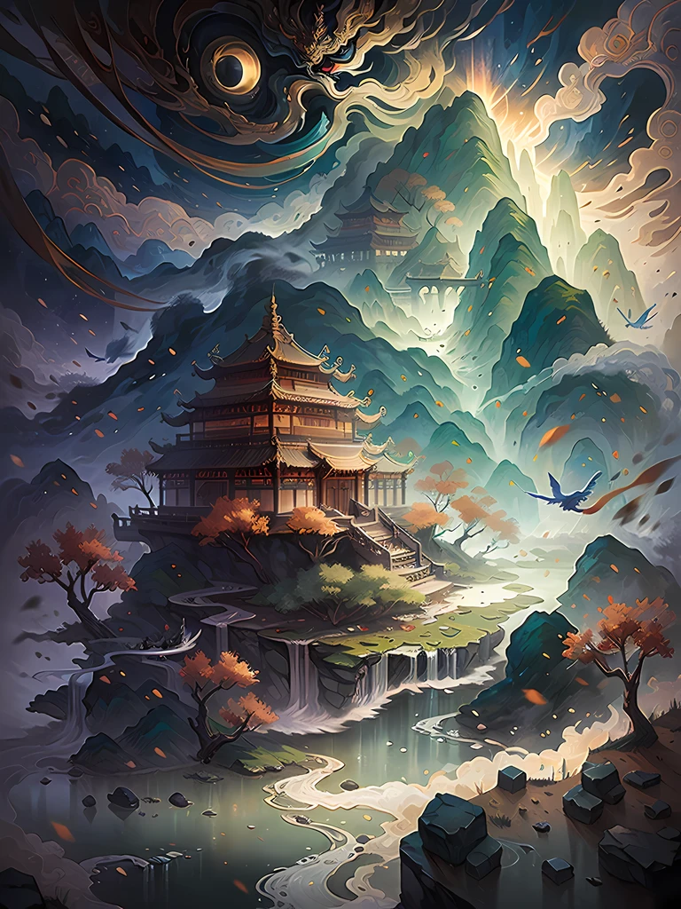 chinese wind mountains, river, auspicious clouds, pavilions, sunlight, masterpiece, super detail, epic composition, ultra hd, high quality, extremely detailed, official art, unified 8k wallpaper, super detail, 32k