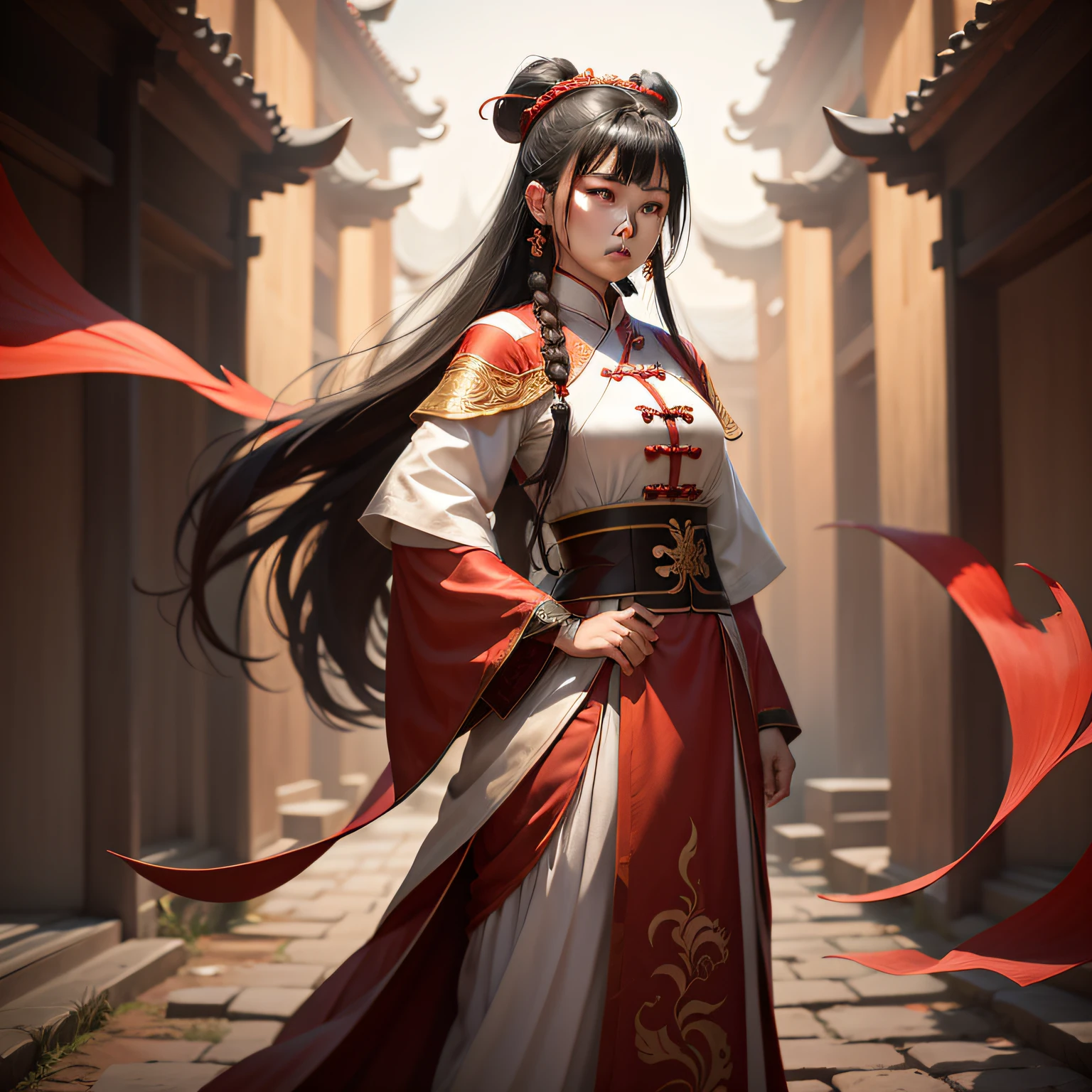 Full body photo of a female general,Zhang Wanting, Li Zixin, xision wu, Zhang Pengzhen, xintong chen, Yun Ling, wenfei ye, xiaofan zhang, jinyiwei, chengyou liu, wei wang, Lin Qifeng, zhelong xu, yuxiang chen, Qiu Fang, wenjun lin,period costume,Dressed in red,Carry the knife immediately,Gunsmoke,Chinese painting style,photorealestic,battlefiled,Handsome