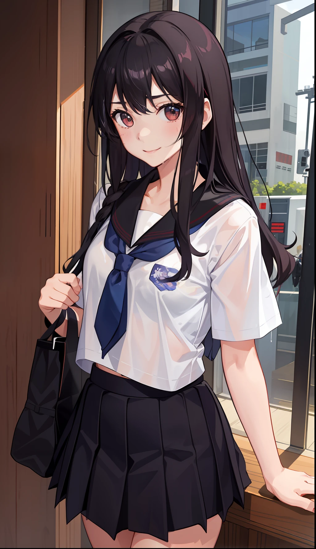 1girl in、A smile、The shirt、skirt by the、(small tits)Chilarism、Japan High School Student Uniform、serafuku、summer clothing、Squall Drenched Uniform、(Sheer Bra)、Upper body portrait、