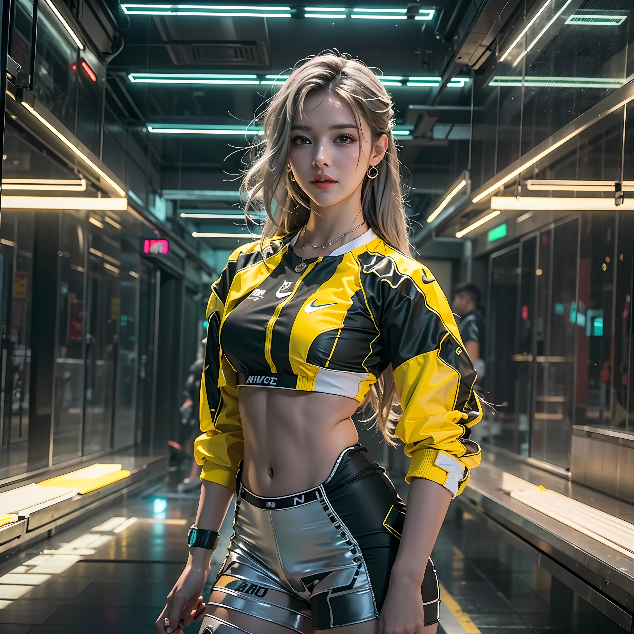 Best quality，tmasterpiece，Ultra-high resolution fills the picture，Indoor at night，Neon lights，Yellow color scheme，Rich yellow,Silver-gray hair，Yellow and white tights，Yellow and white color scheme clothing,the complex background，Weight instruments in the background，High-tech screen in the background，Lateral face，Smiling，Dress less，There are fitness elements in the rear，nike，nike,nike,Tech gym，Perfect makeup，Love eyes，8K quality，Cyberpunk，sense of science and technology，Character backlighting，rim-light，Movement changes，Flowing hairstyle，Loose hairstyle,The number of fingers is refined，6 avatar diagrams，Luminous stud earrings，Luminous digital necklace，Electronic digital watches，The most beautiful girl in mankind，Delicate close-up of the face，Realistic image quality，Super light and shadow，Very good figure，Meticulous，Arrow symbol，Brand sense，English slogan neon，Runway lights，Fitness gym at night