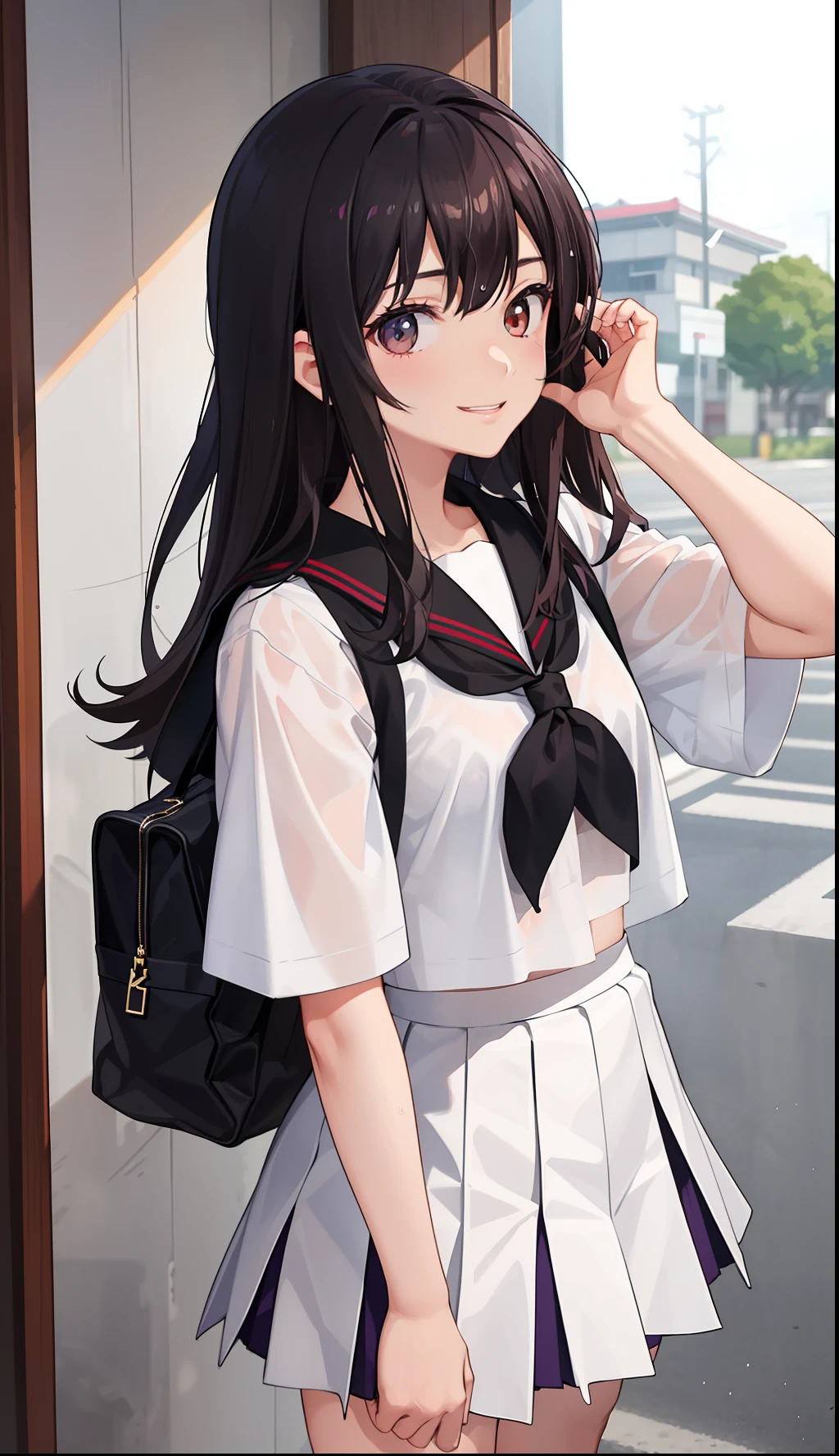 1girl in、A smile、The shirt、skirt by the、（small tits）Chilarism、Japan High School Student Uniform、serafuku、summer clothing、Squall Drenched Uniform、（Sheer Bra）、Upper body portrait、