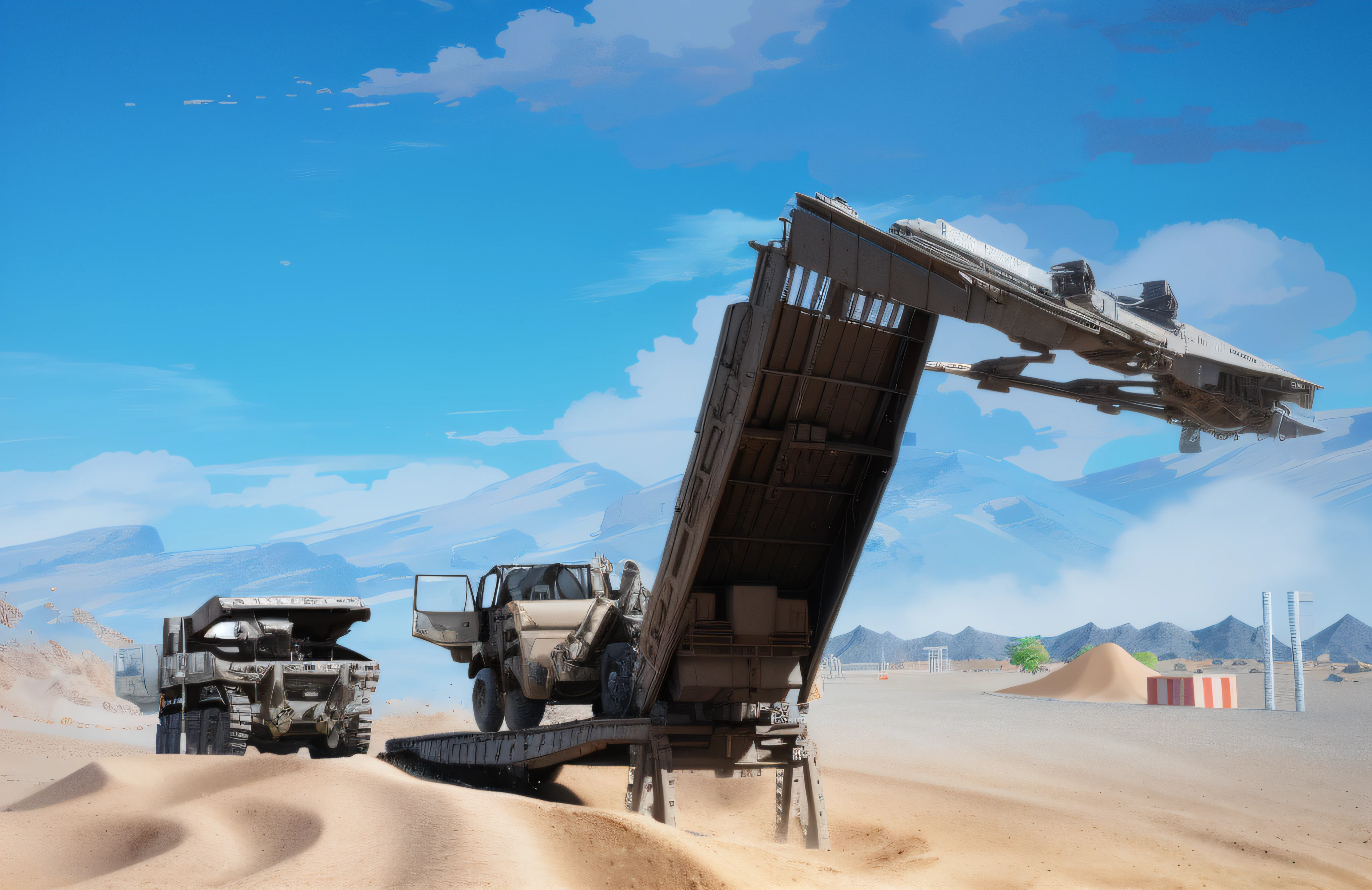 There was a big truck driving in the sand, highly detailed scenario, anime art vehicle concept art, loadscreen”, loading screen. 8K resolution, immensely detailed scene, discarded mech in background, wide establishing shot, rendered in keyshot, Detailed 4K concept art, 8 K high detail concept art, concept art Octane rendering, concept design art octane render