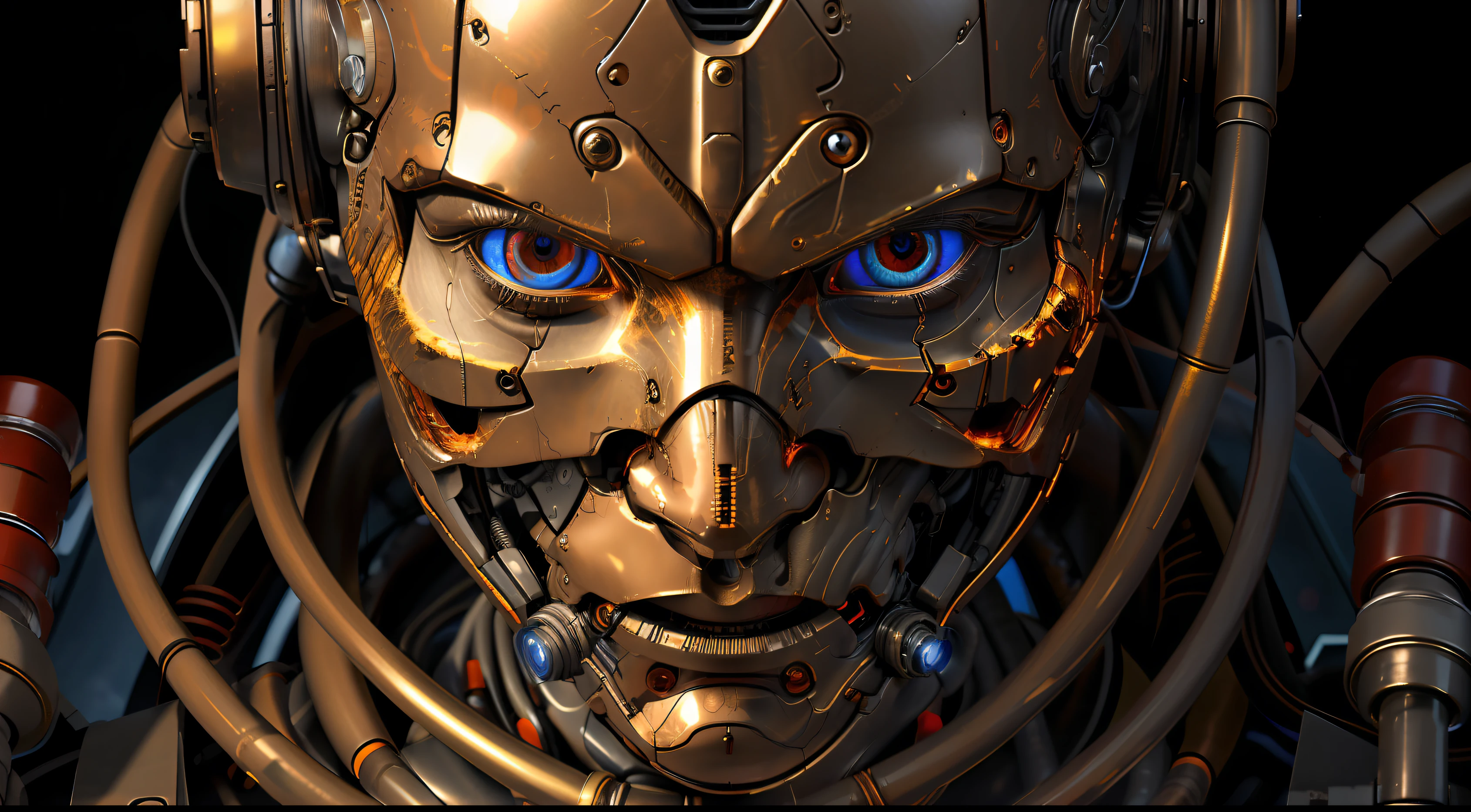 close up, face, fire eye, eye on fire ,a humanoid lauterbach robot biomechanical bronze with a head full of wires and a light cold on it's face and neck, in a dark room in a dark room with a red light behind him, unreal engine 5 highly rendered, cyberpunk art, les automatistes, raw photo of detailed skin, clear face