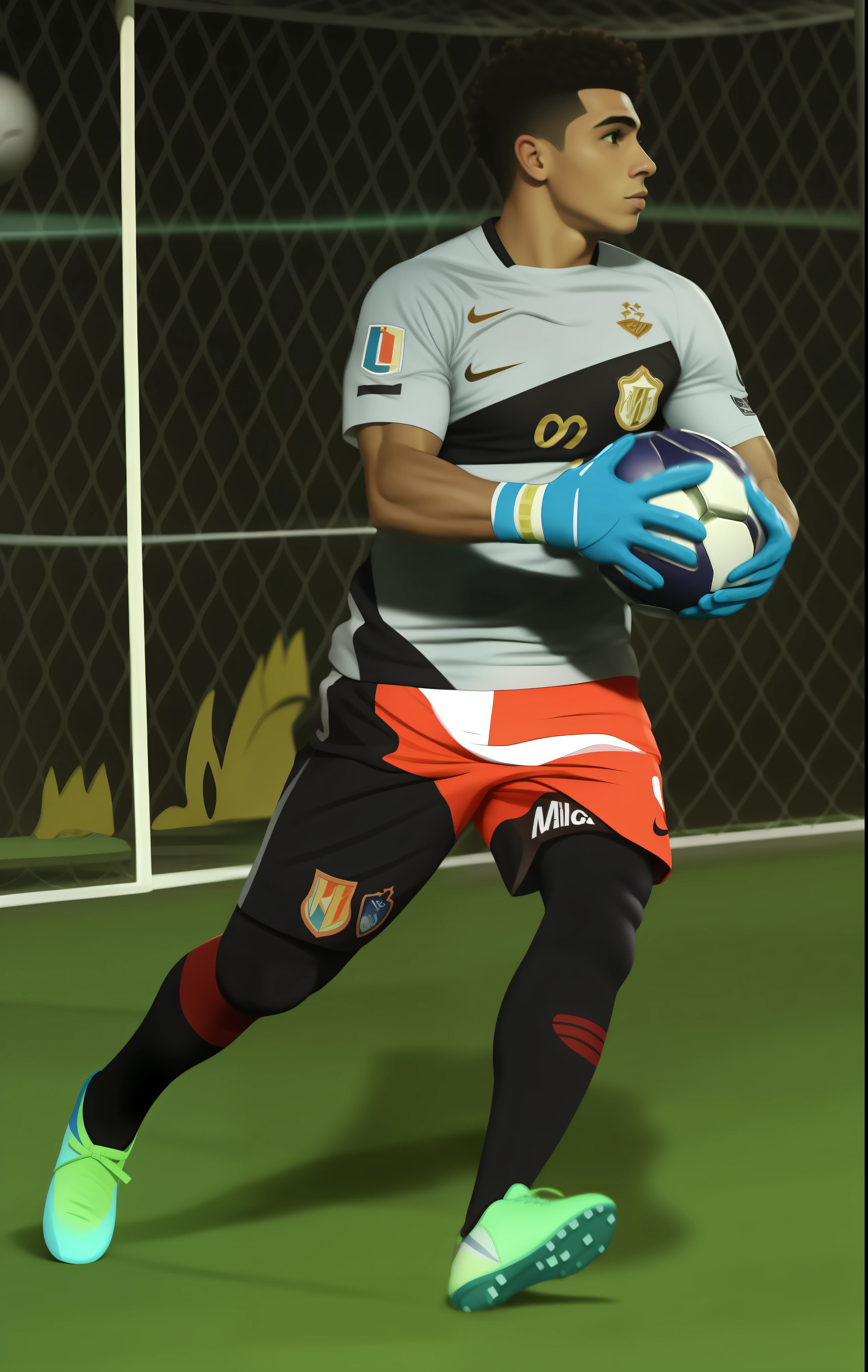 (8k, melhor qualidade, obra-prima: 1.2),um homem jogador de futebol,goleiro,Presentation art,arte profissional,flyer